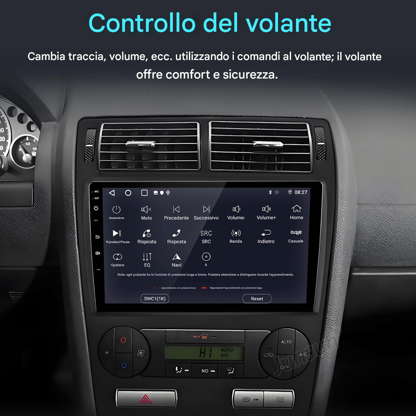 Cruscotto auto con schermo. Pulsanti volume, tracce e impostazioni visibili. Testo in italiano.