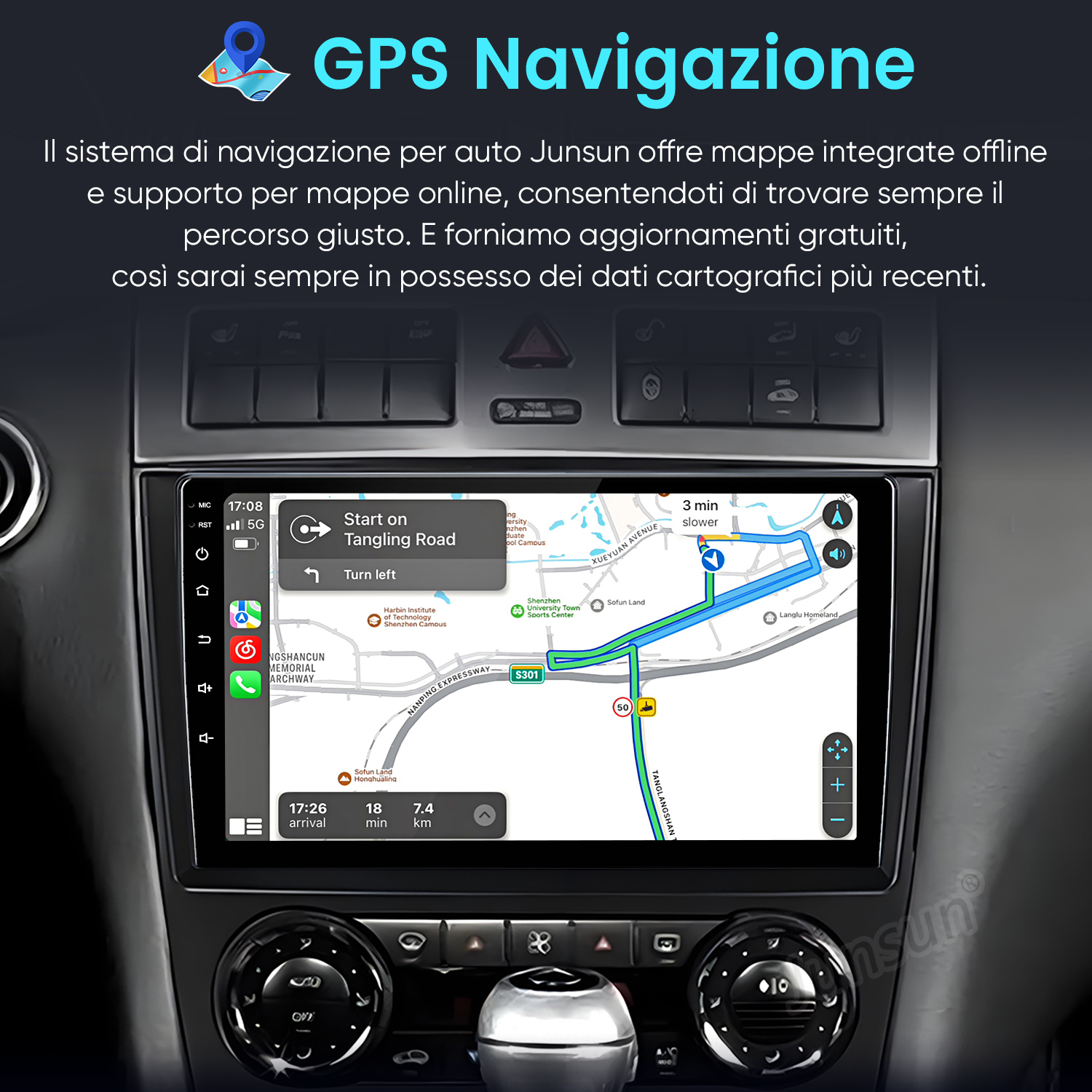 Cruscotto auto con navigazione GPS e mappa. Lo schermo mostra un percorso e i nomi delle strade.