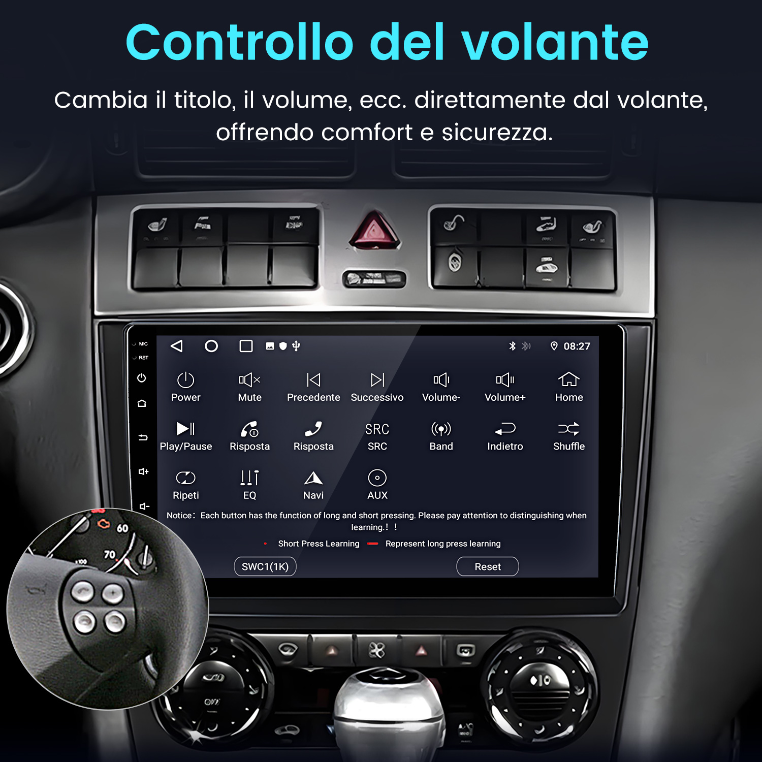 Cruscotto auto con sistema multimediale. Comandi al volante visibili. Testo in italiano.