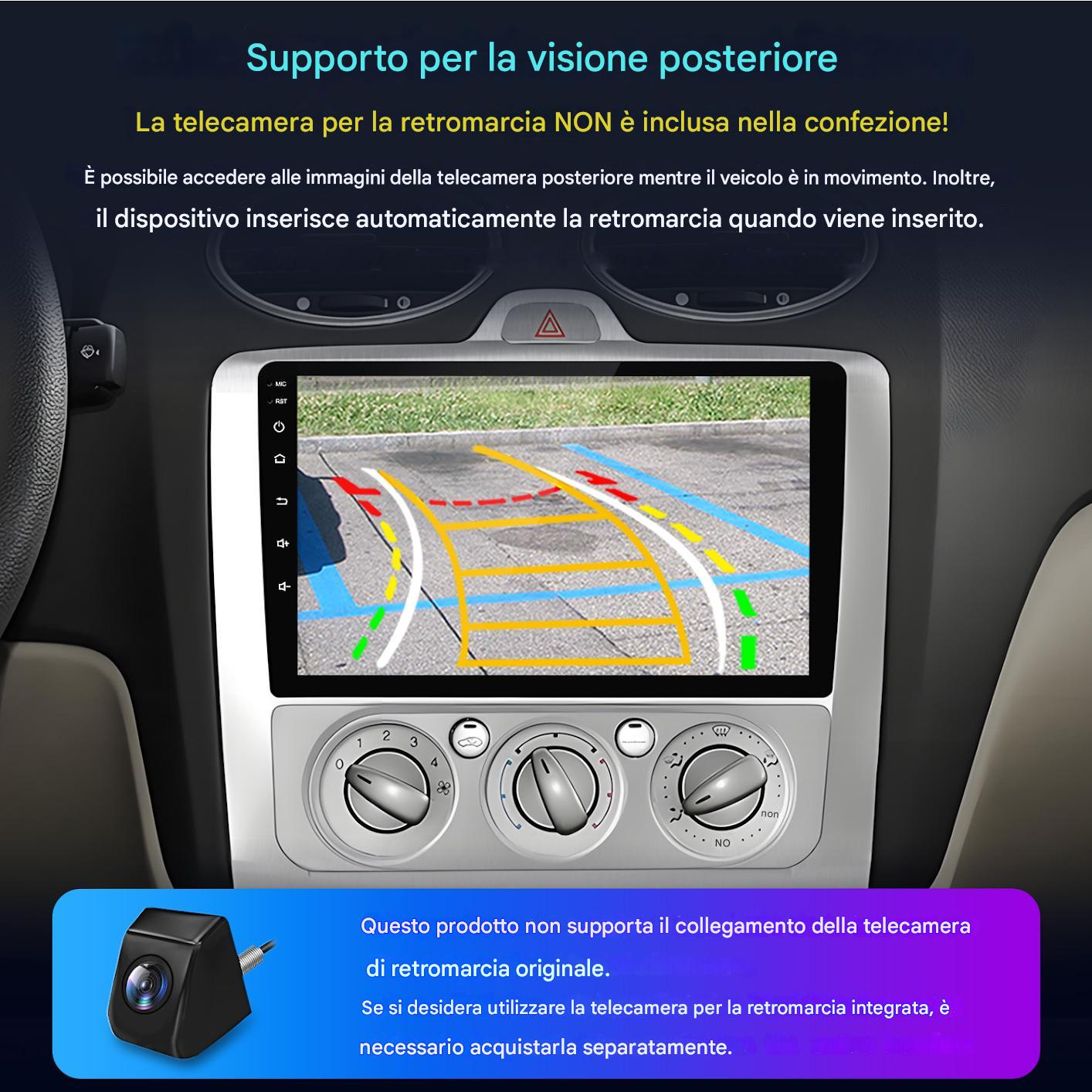Cruscotto auto con display telecamera retromarcia. Una telecamera è mostrata in basso. Il testo spiega le funzionalità e la compatibilità.