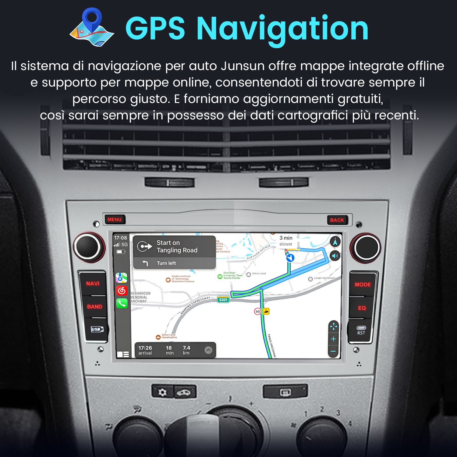 Schermo del sistema di navigazione dell'auto che mostra una mappa con guida del percorso e pulsanti di controllo.
