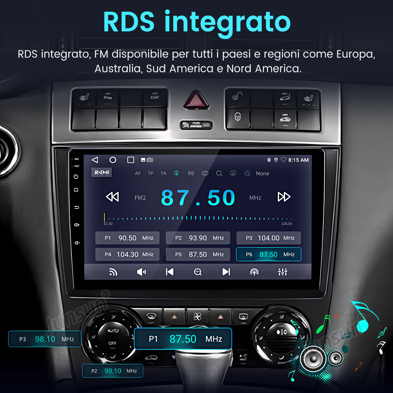 Schermo autoradio che mostra info radio FM: frequenza 87,50 MHz, logo RDS e pulsanti di controllo. Sfondo mostra il cruscotto dell'auto.