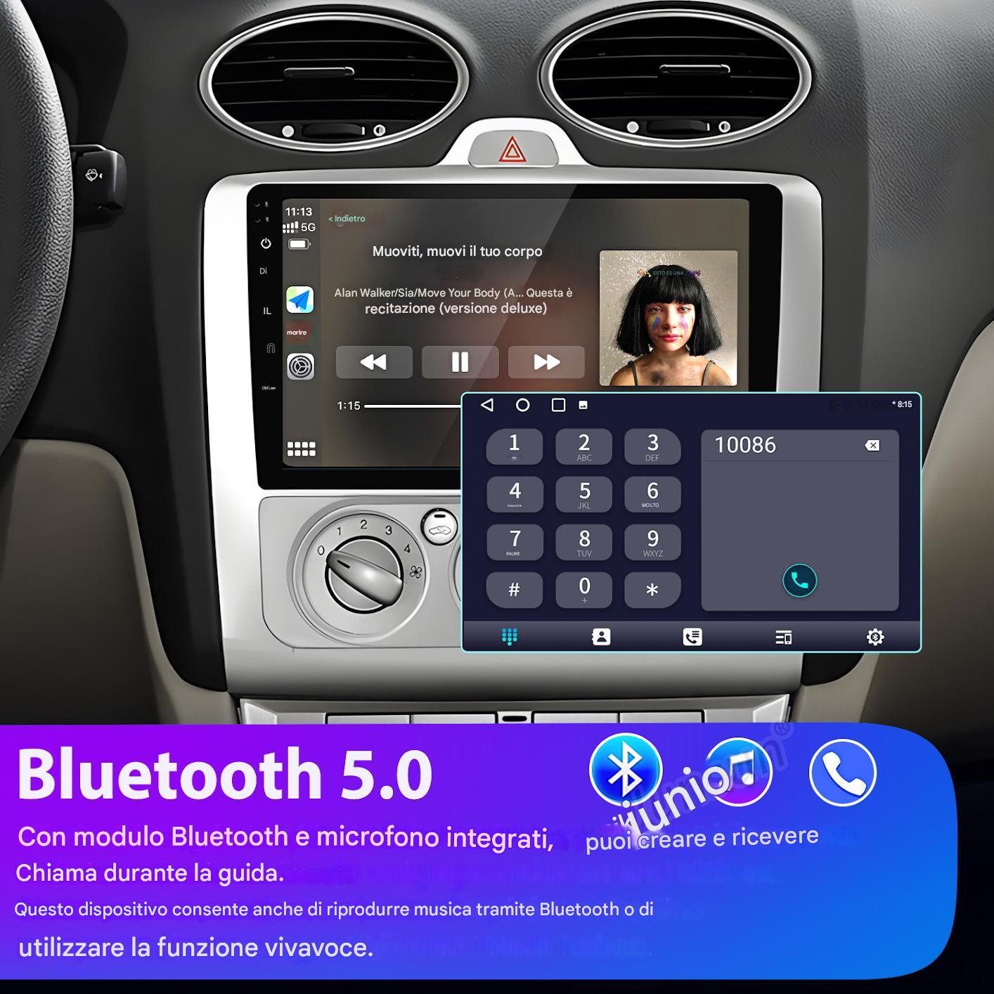 Schermo dell'autoradio che mostra un dialer telefonico e un lettore musicale. Viene pubblicizzato il Bluetooth 5.0. Include icone di chiamata e musica.