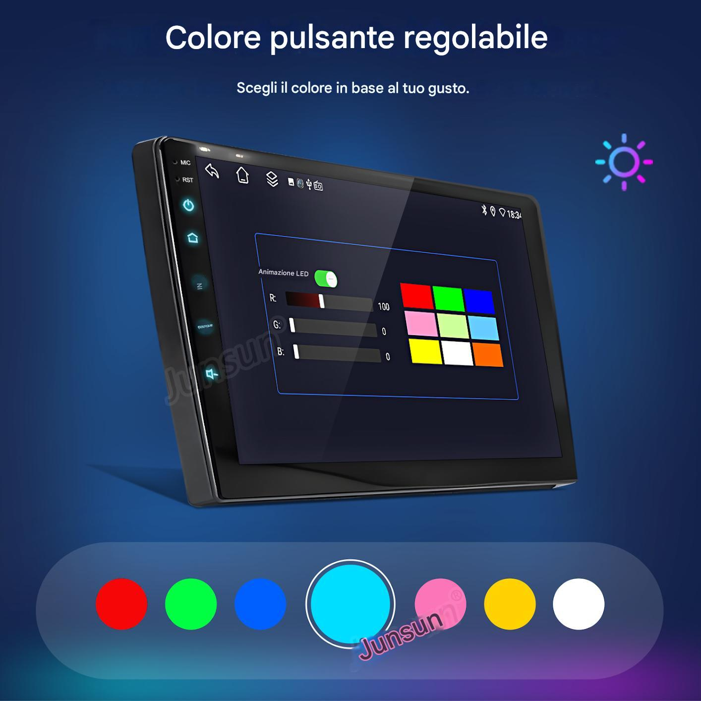 Un display per auto con opzioni di colore. Lo schermo mostra le impostazioni del colore. Ci sono opzioni di cerchi colorati in basso.