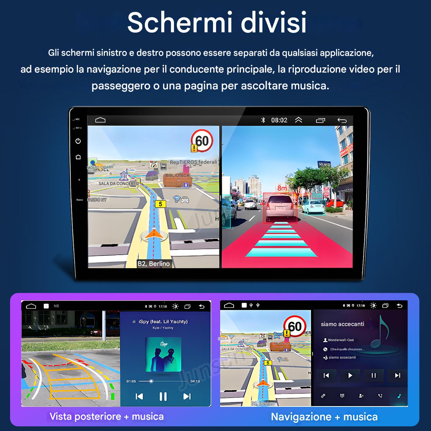 Cruscotto auto con navigazione e musica. Schermo diviso mostra mappa a sinistra, tachimetro a destra e controlli musicali sotto.