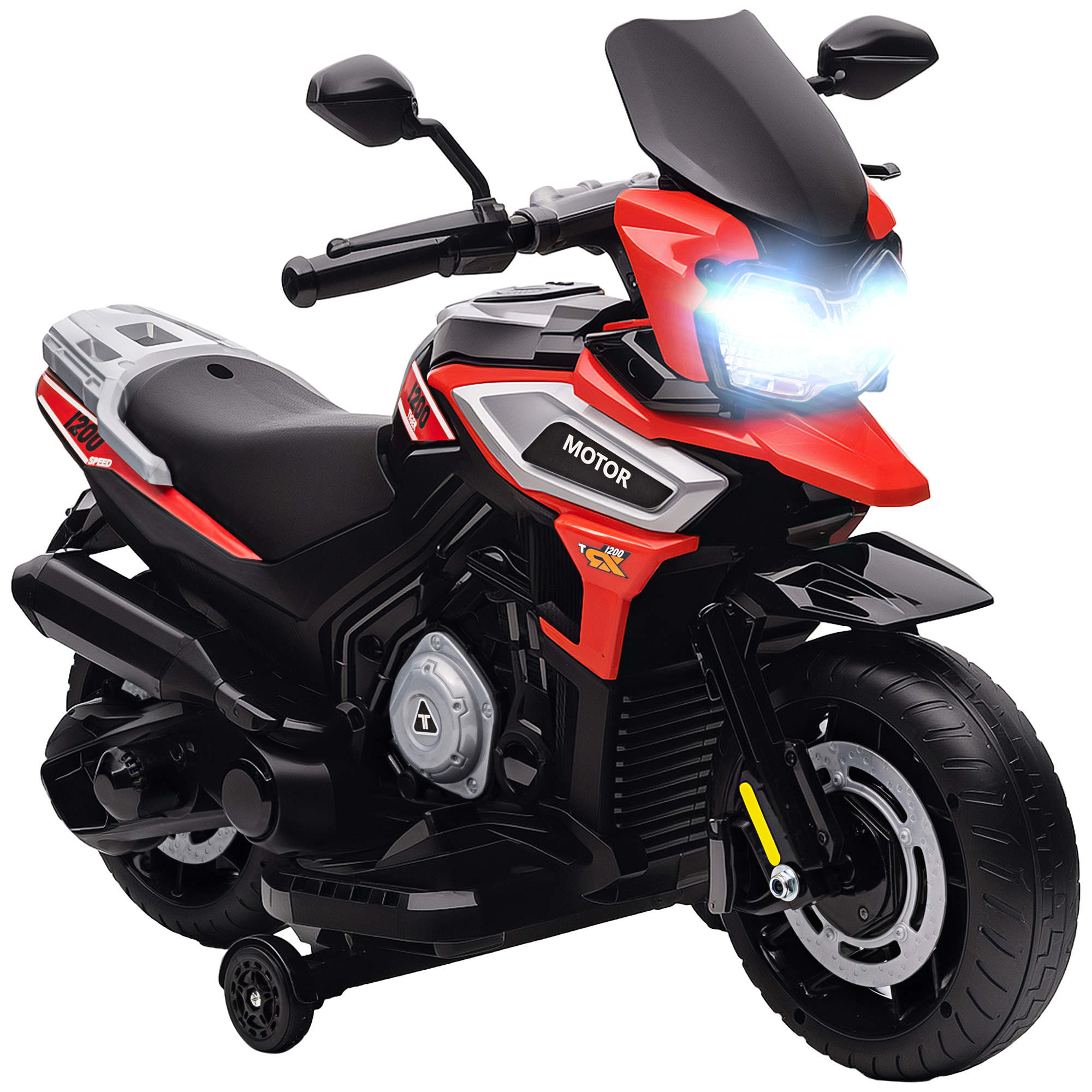 Una moto giocattolo rossa e nera. Ha fari luminosi e rotelle. La parola MOTOR è visibile.