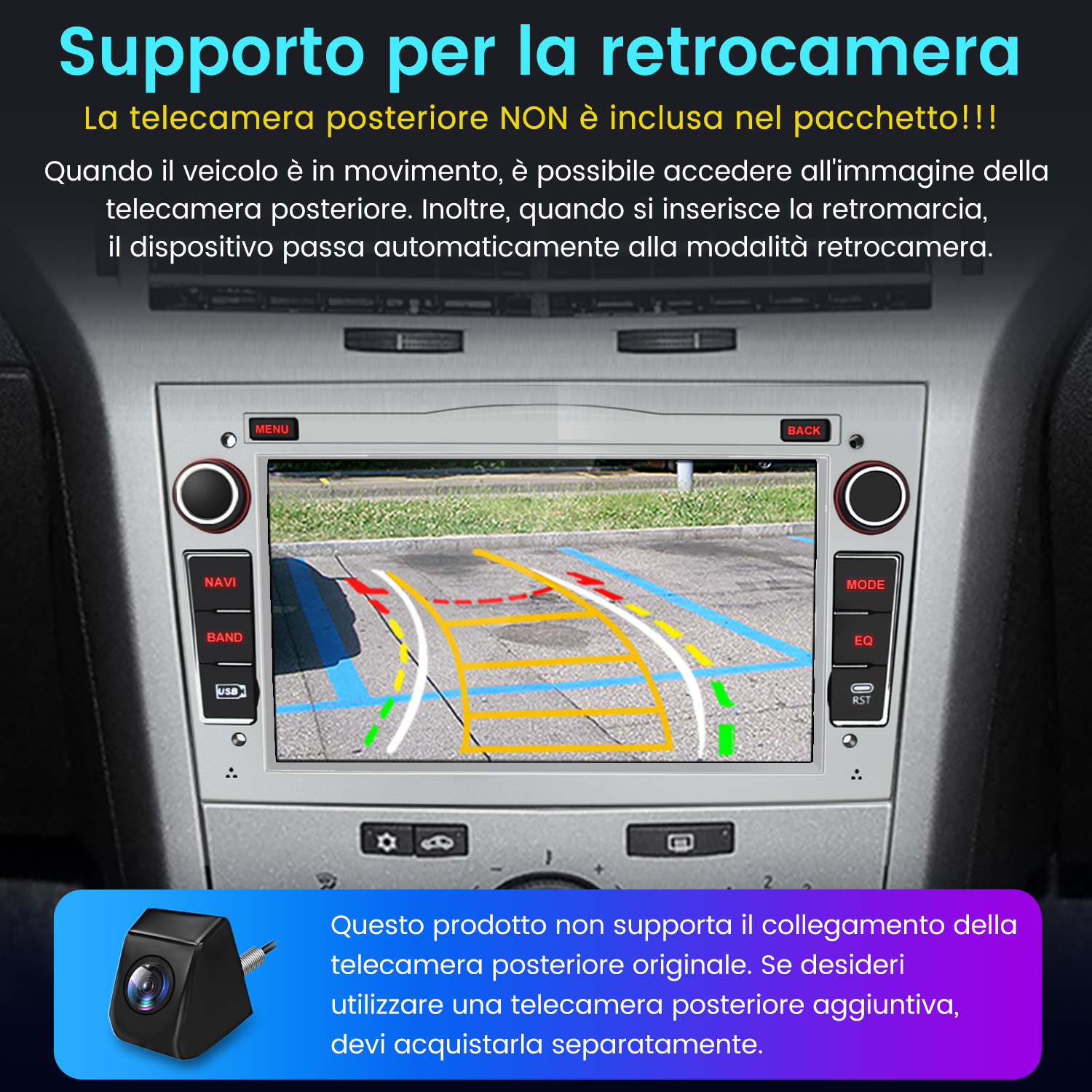 Autoradio con display che mostra le linee di parcheggio. Una piccola telecamera è mostrata nell'angolo in basso a sinistra.