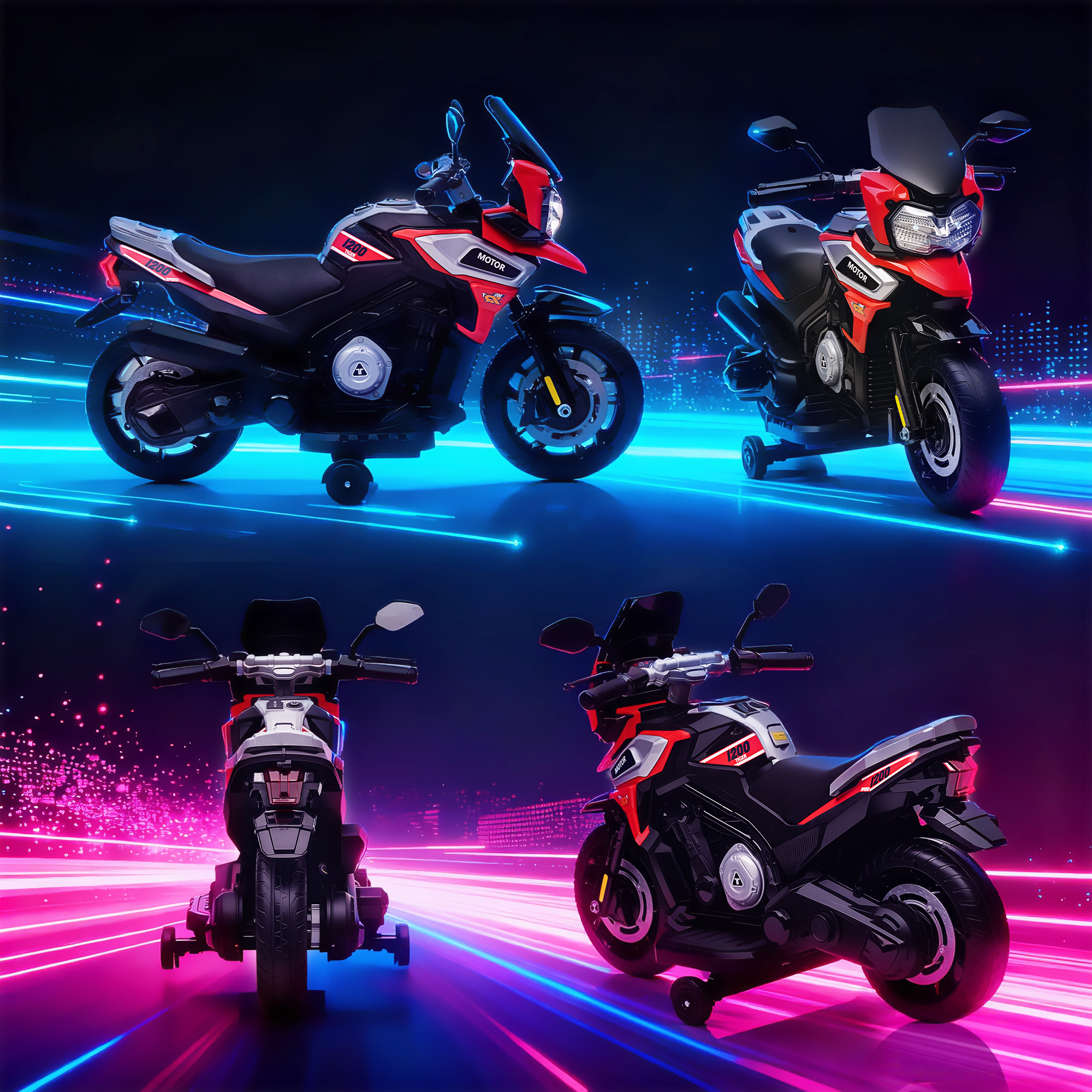 Quattro moto giocattolo in un'ambientazione neon. Sono nere e rosse con dettagli argento.