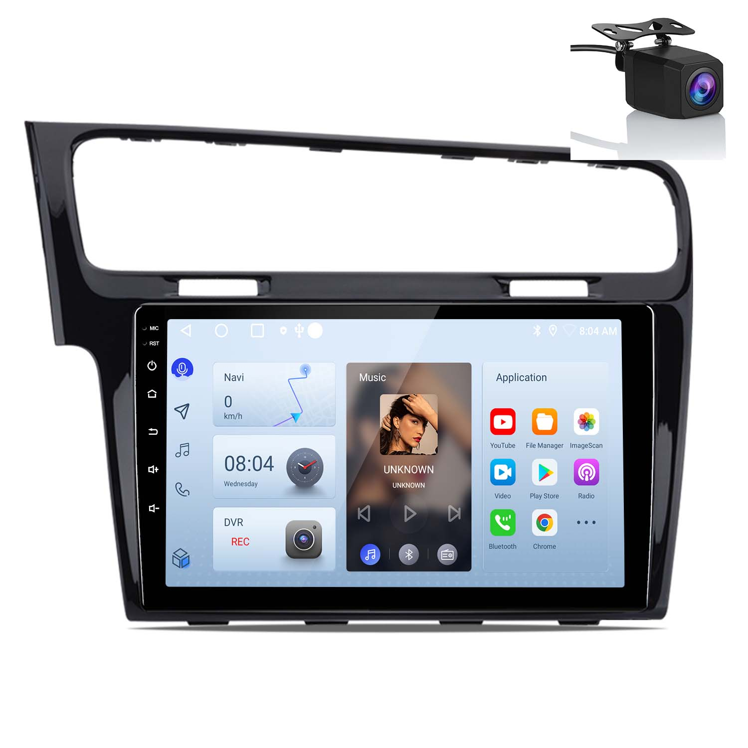 Sistema multimediale per auto con schermo che mostra le app. Una telecamera per la retromarcia è in alto a destra. Il sistema è nero.
