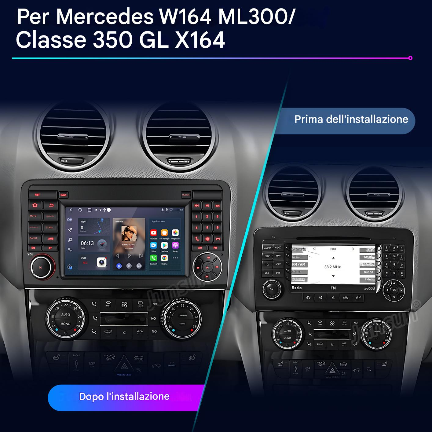 Cruscotto dell'auto che mostra prima e dopo l'installazione di un nuovo sistema multimediale con display touchscreen.