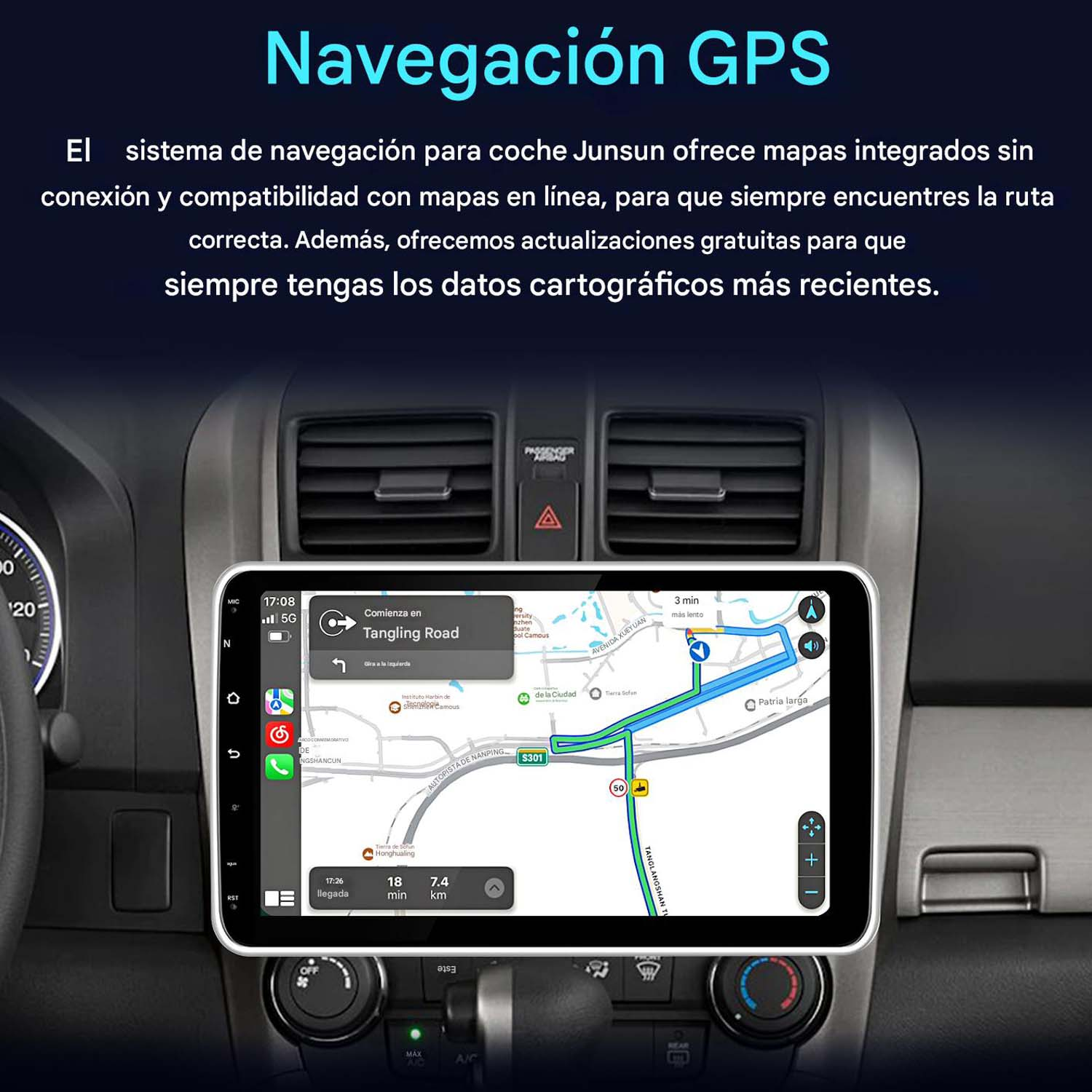 Cruscotto auto con navigatore GPS, mappa e indicazioni stradali.