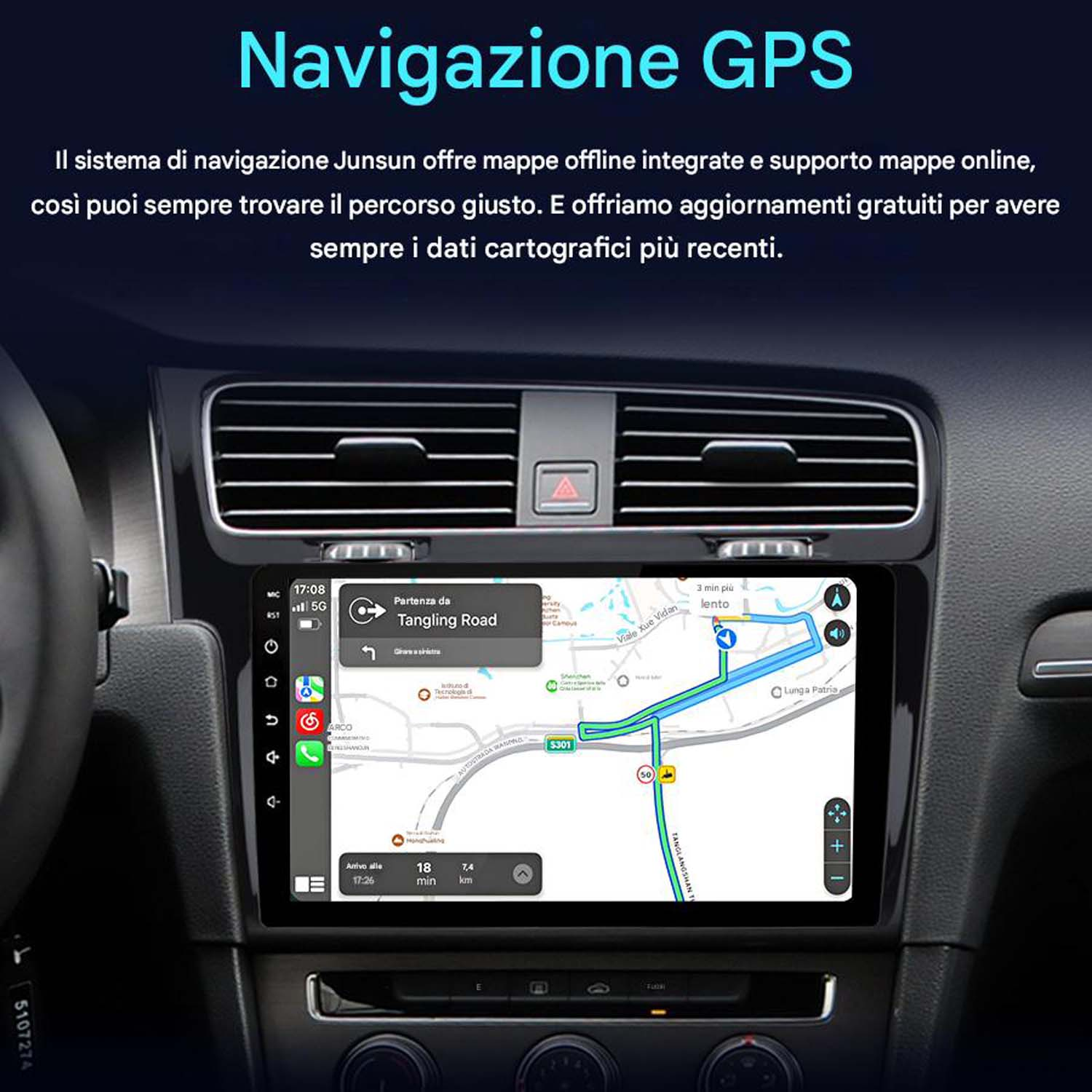 Cruscotto auto con GPS. Mostra mappa e guida percorso. Testo in italiano.
