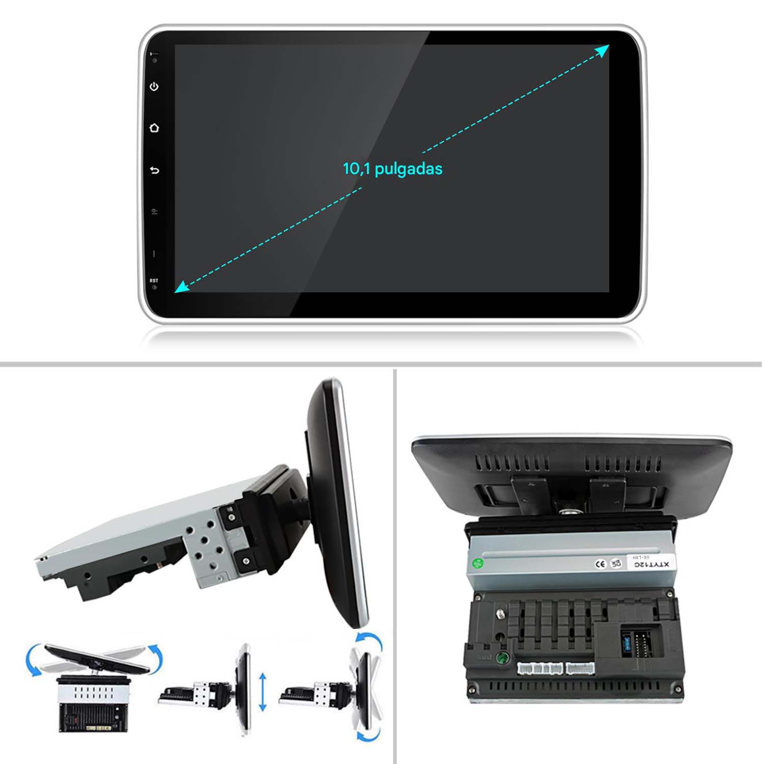 Un sistema multimediale per auto con schermo da 10,1 pollici, mostrato da più angolazioni. Include schermo, hardware di montaggio e vista posteriore.