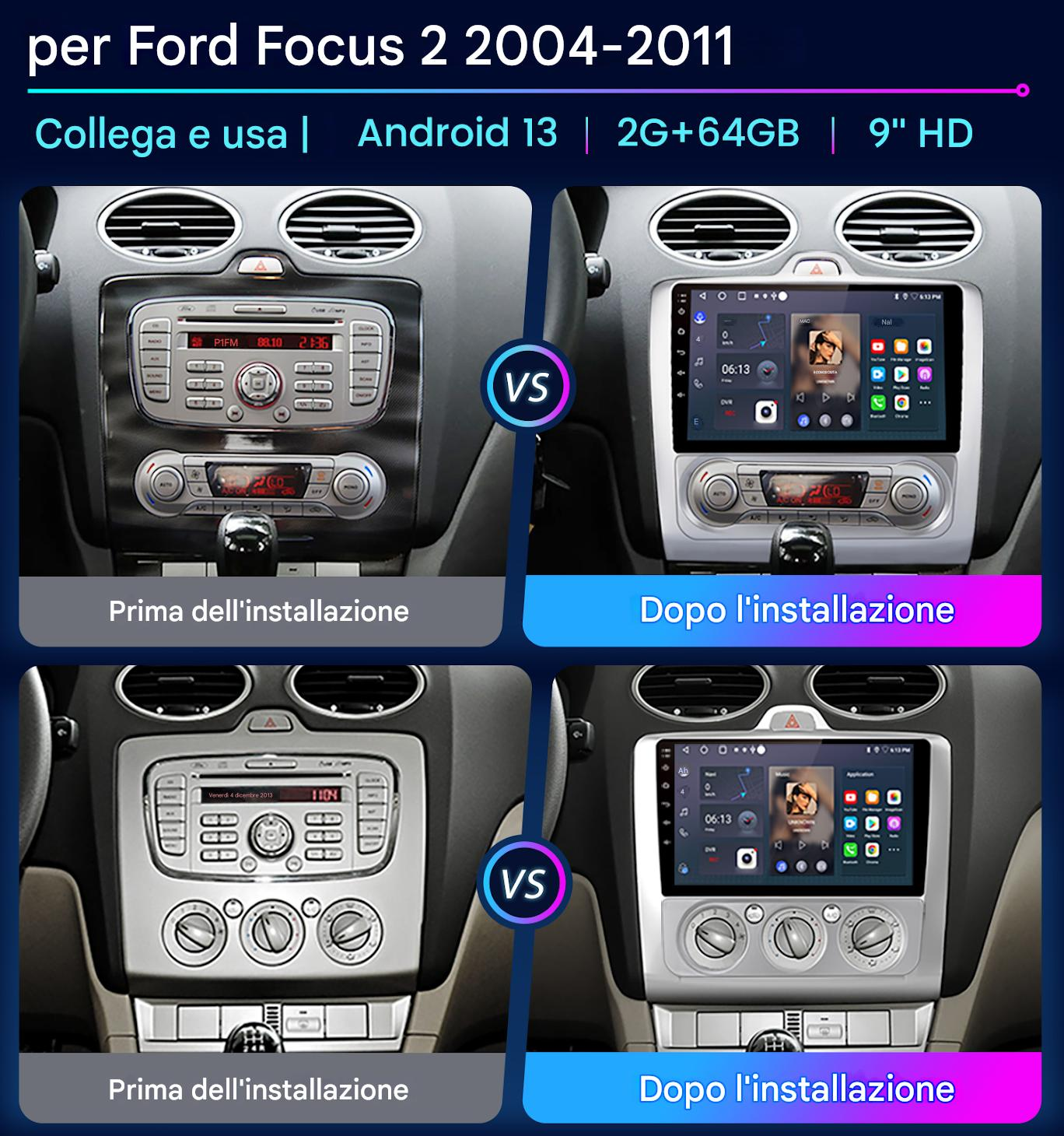 L'immagine mostra il cruscotto di un'auto prima e dopo l'installazione di un nuovo sistema Android. Il nuovo sistema ha un touchscreen.