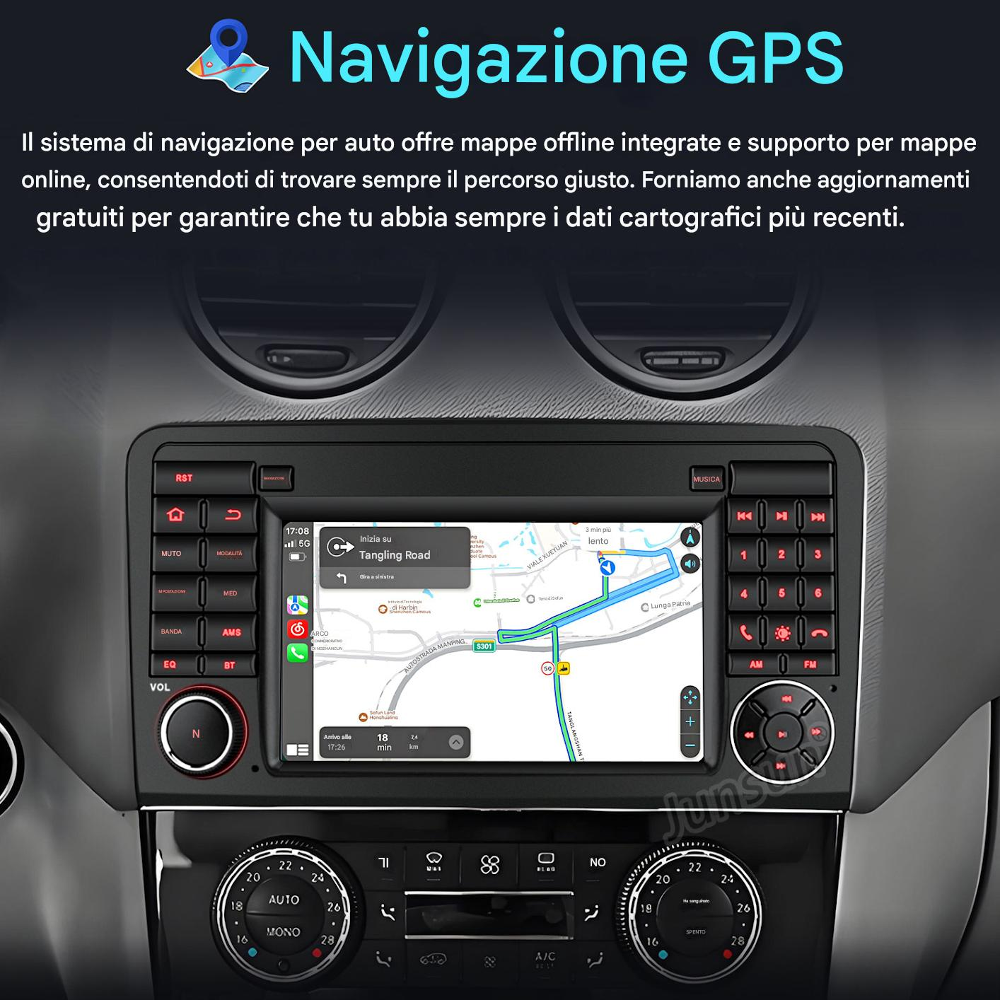 Schermo del sistema di navigazione dell'auto che mostra una mappa con indicazioni. Pulsanti e controlli visibili.