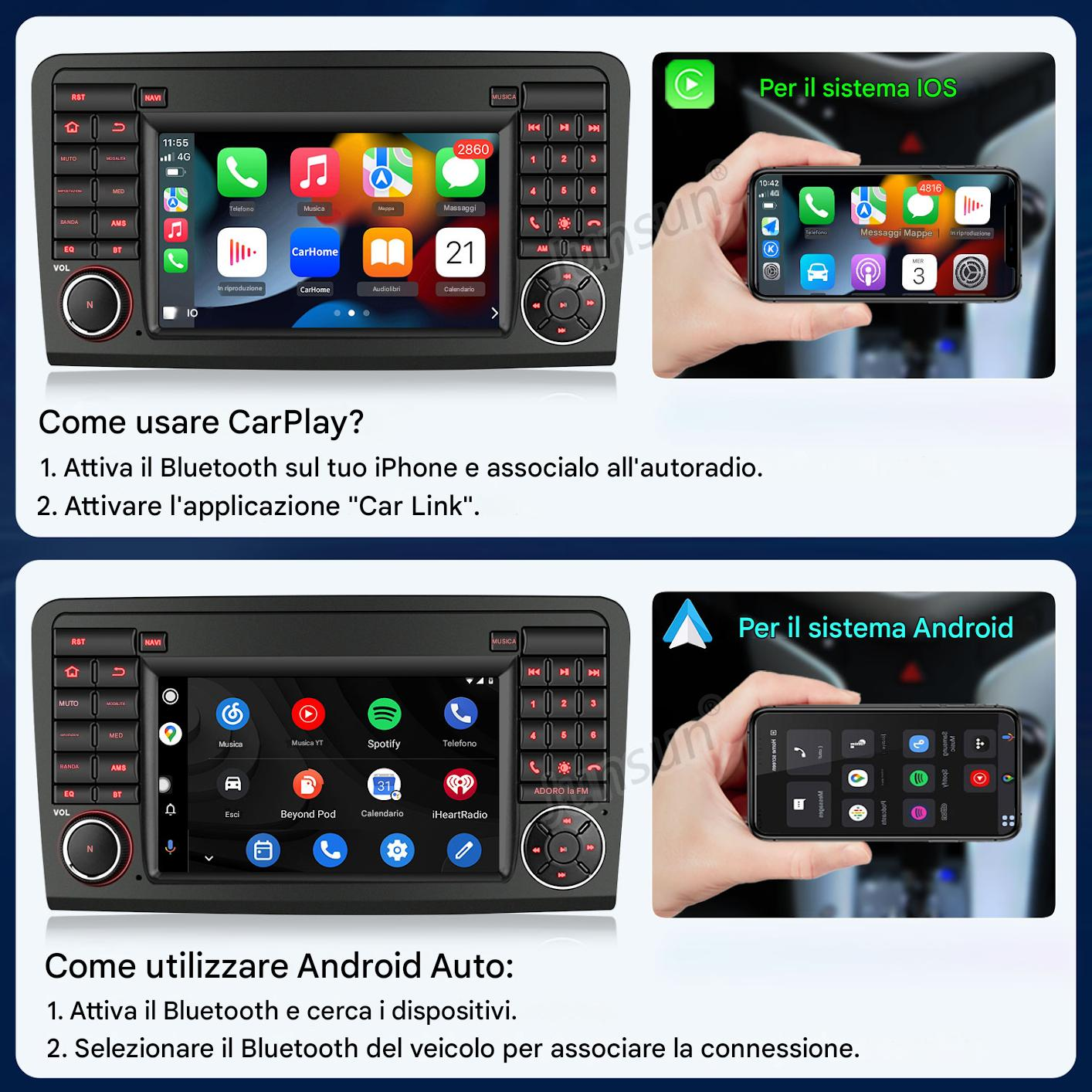 Autoradio con istruzioni per l'integrazione iOS e Android. Include guide di configurazione CarPlay e Android Auto.