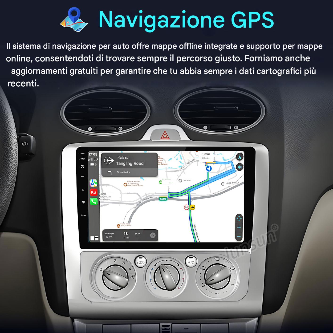 Cruscotto auto con navigazione GPS, dettagli mappa e pulsanti di controllo.