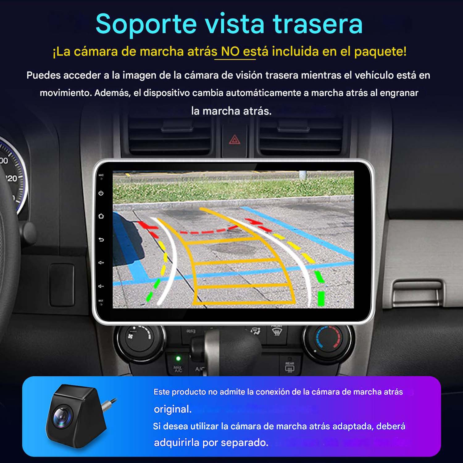 Cruscotto dell'auto con schermo che mostra le linee di parcheggio. Una telecamera in basso a sinistra. Testo in spagnolo sopra lo schermo.