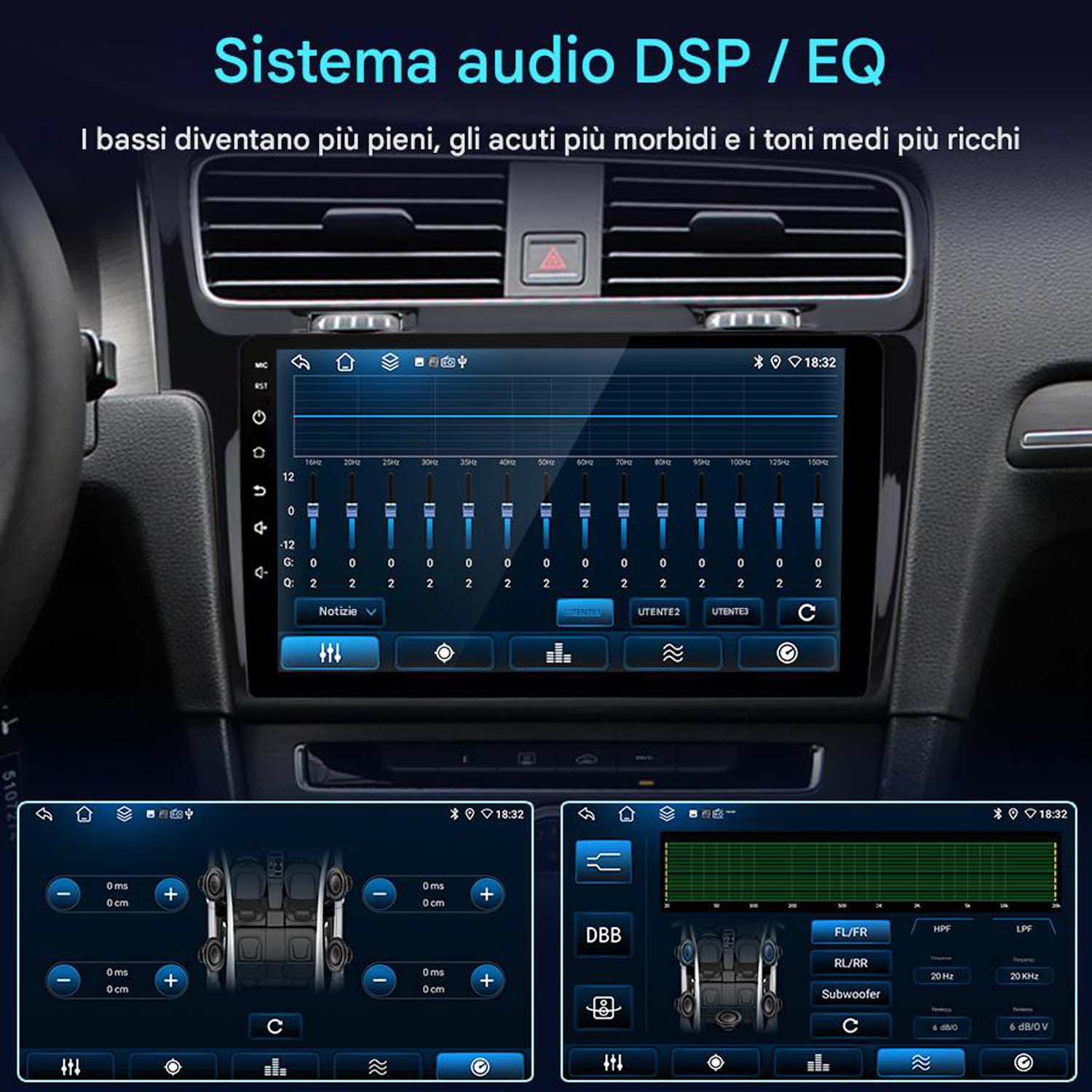 Interfaccia del sistema audio dell'auto. Visualizza le impostazioni dell'equalizzatore, i controlli degli altoparlanti e le regolazioni della frequenza.