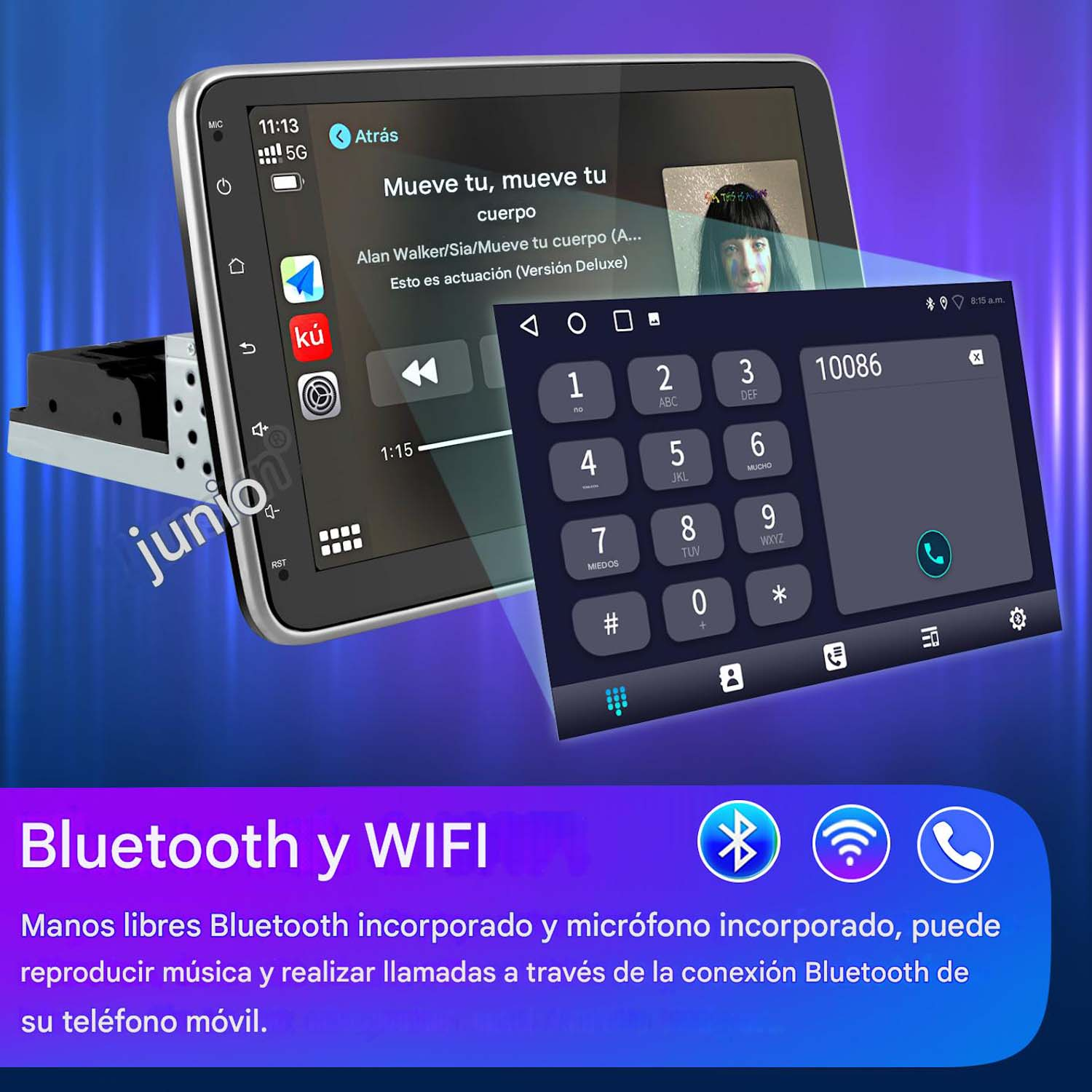 Sistema multimediale per auto con schermo che mostra musica e interfaccia di composizione telefonica.