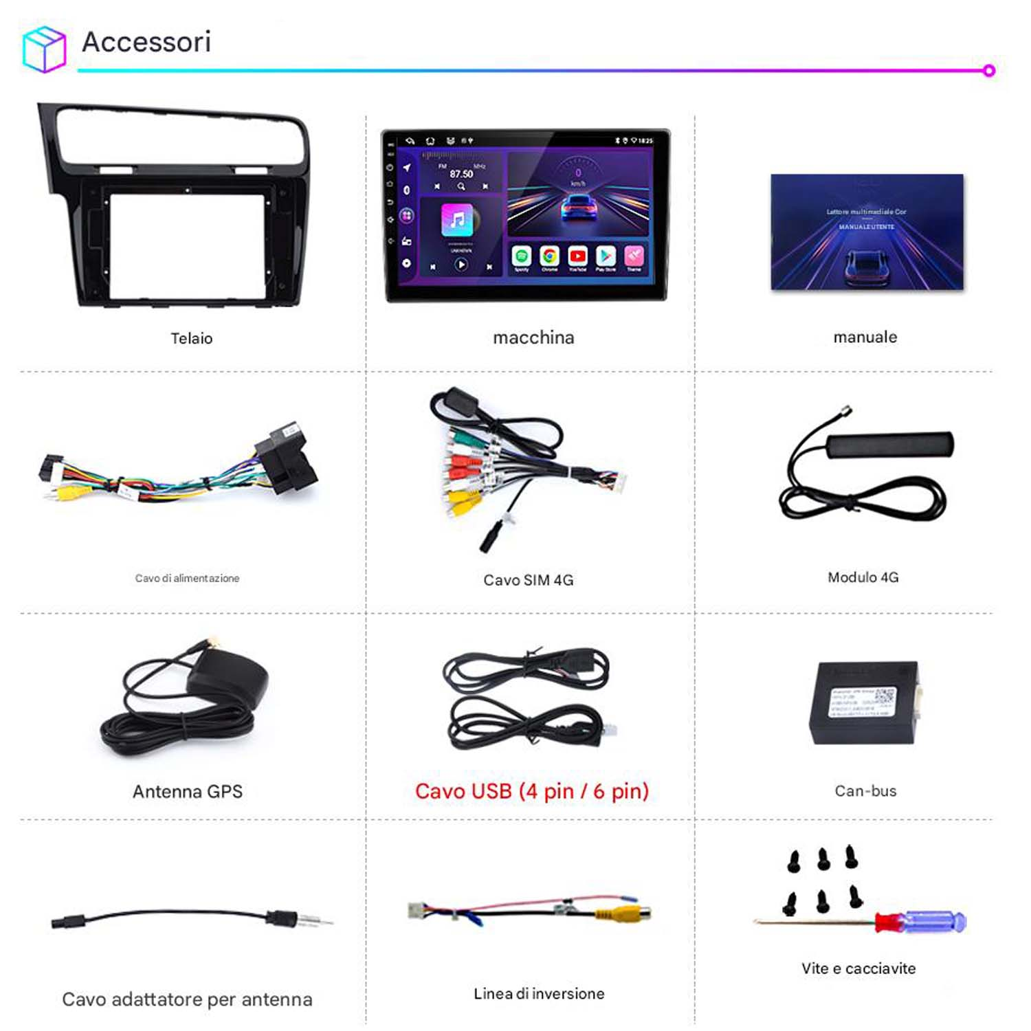 L'immagine mostra accessori auto: telaio, schermo, manuale, fili, antenna, cavi, modulo Can-bus, viti e cacciavite.