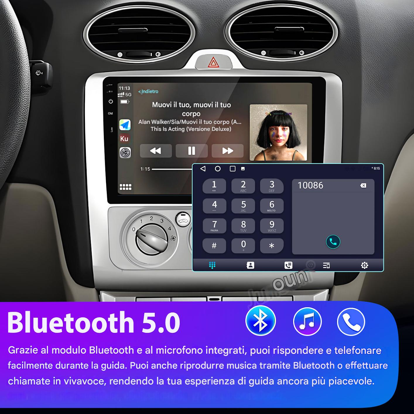 Autoradio con musica e dialer telefonico sullo schermo. Logo Bluetooth 5.0 in basso.
