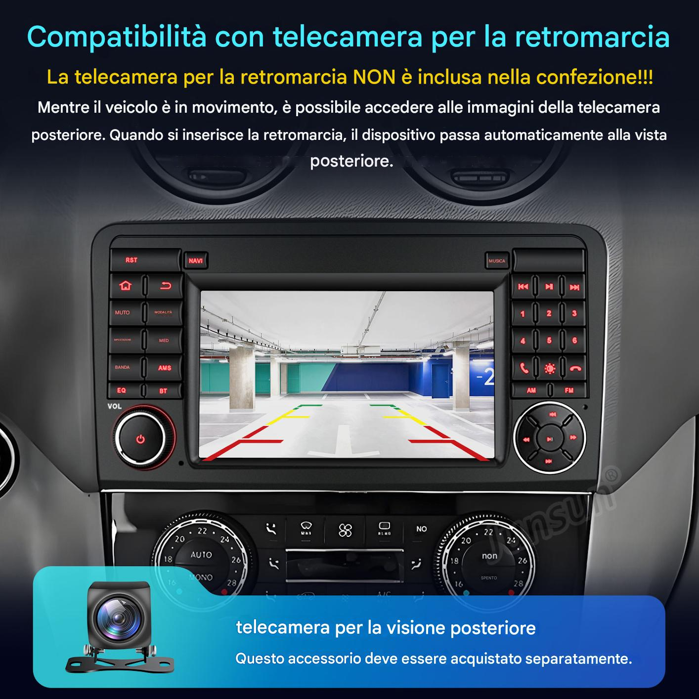 Cruscotto auto con display telecamera retromarcia, fotocamera separata in basso e testo.