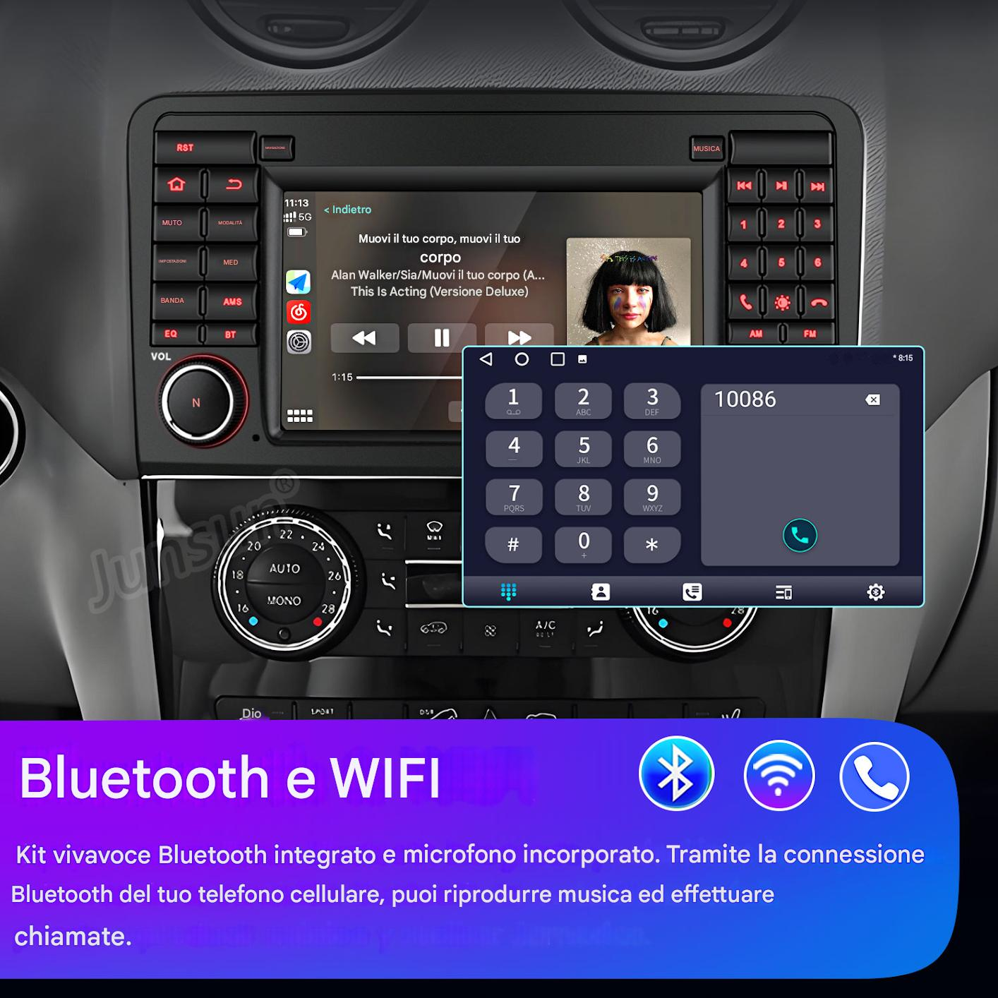 Schermo autoradio con controlli musicali, tastierino telefonico e testo Bluetooth/WiFi con icone.