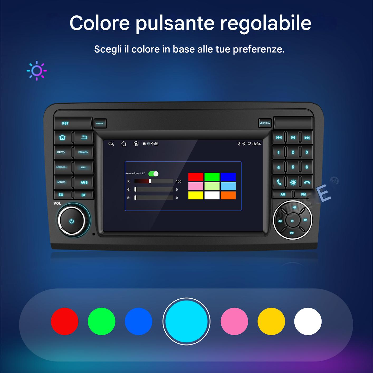 Autoradio con schermo, opzioni colore e pulsanti. Il display mostra le impostazioni per l'animazione LED e la selezione del colore.