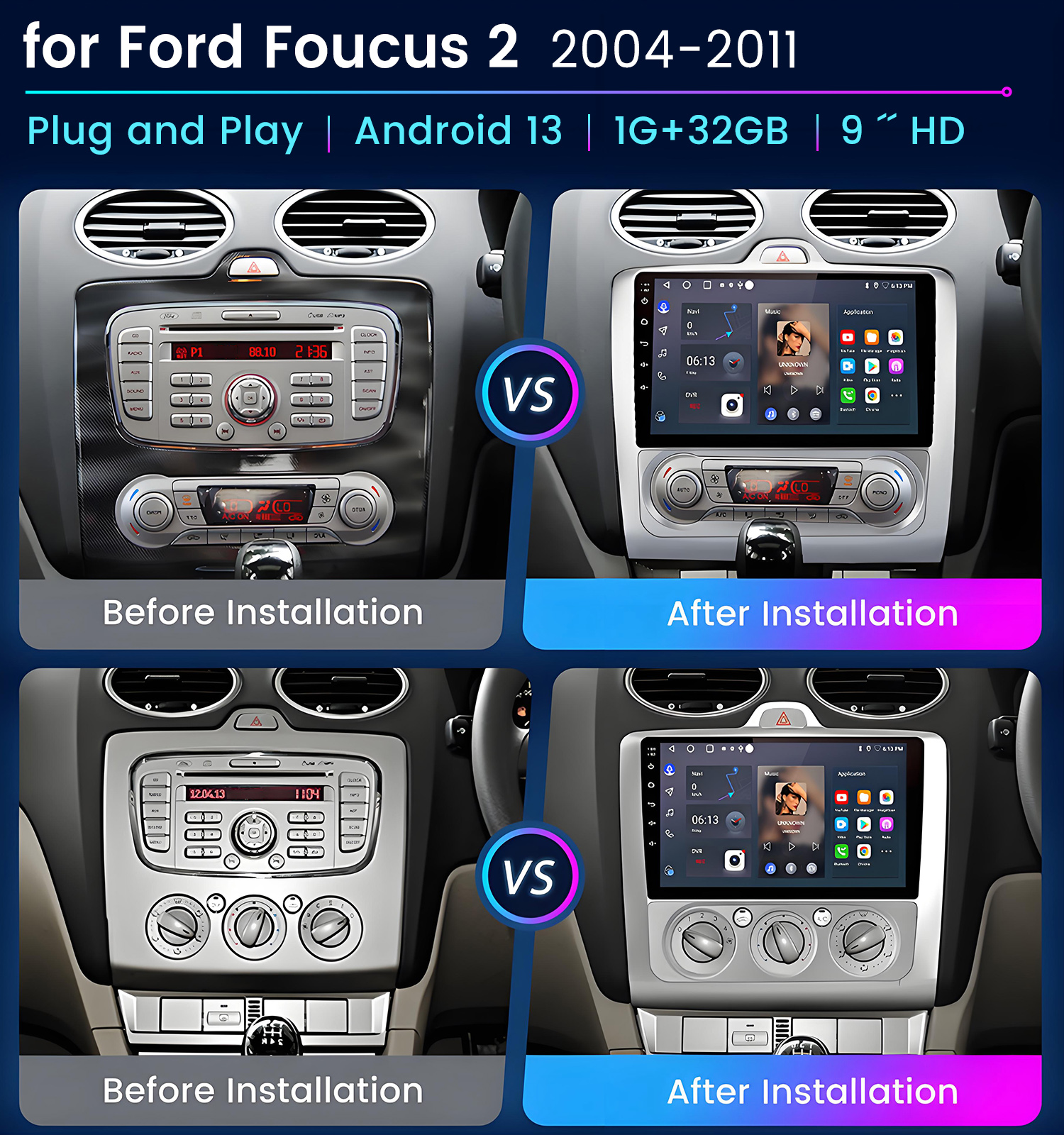 L'immagine mostra il cruscotto di un'auto prima e dopo l'installazione di un sistema Android, con un confronto tra i display originali e aggiornati.