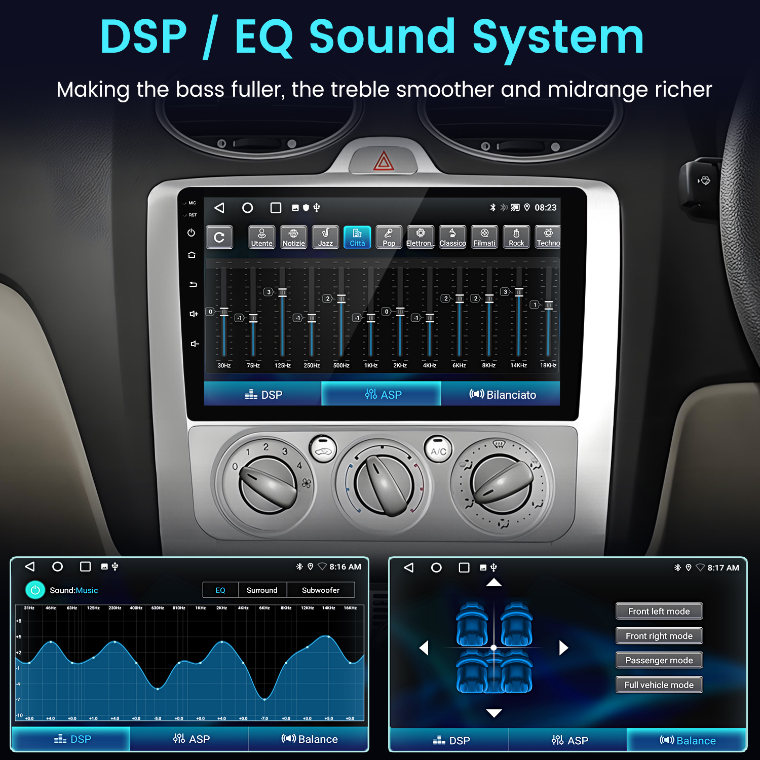 Interfaccia del sistema audio dell'auto con impostazioni dell'equalizzatore e opzioni di bilanciamento. Lo schermo mostra le regolazioni del suono per la musica.