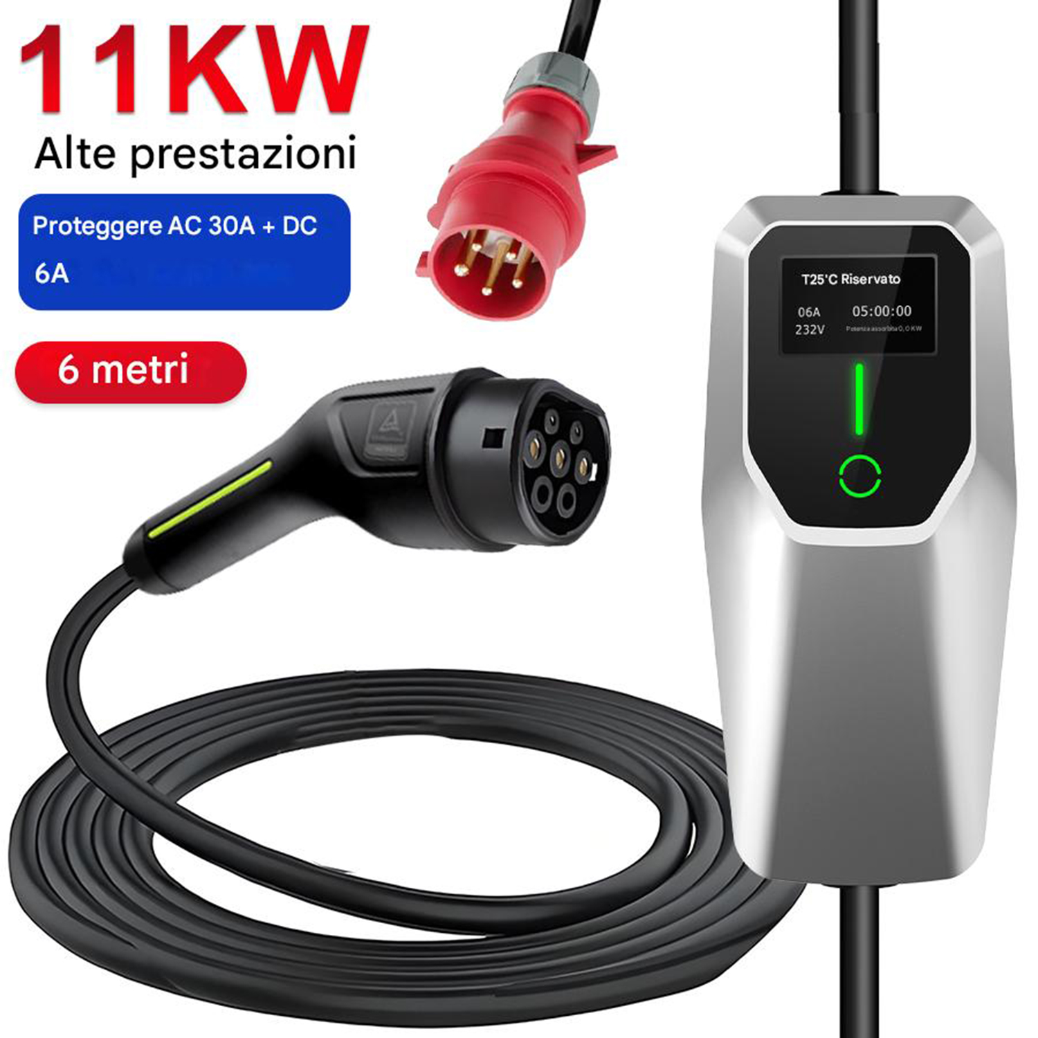 Un caricatore per auto elettriche con cavo, connettore e display, che mostra lo stato di carica e i dettagli di alimentazione. I colori rosso e nero sono prominenti.