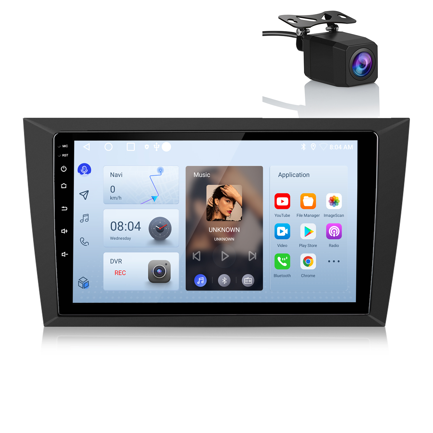 Sistema multimediale per auto con schermo. Sopra, una telecamera. Schermo: navigazione, musica, applicazioni.