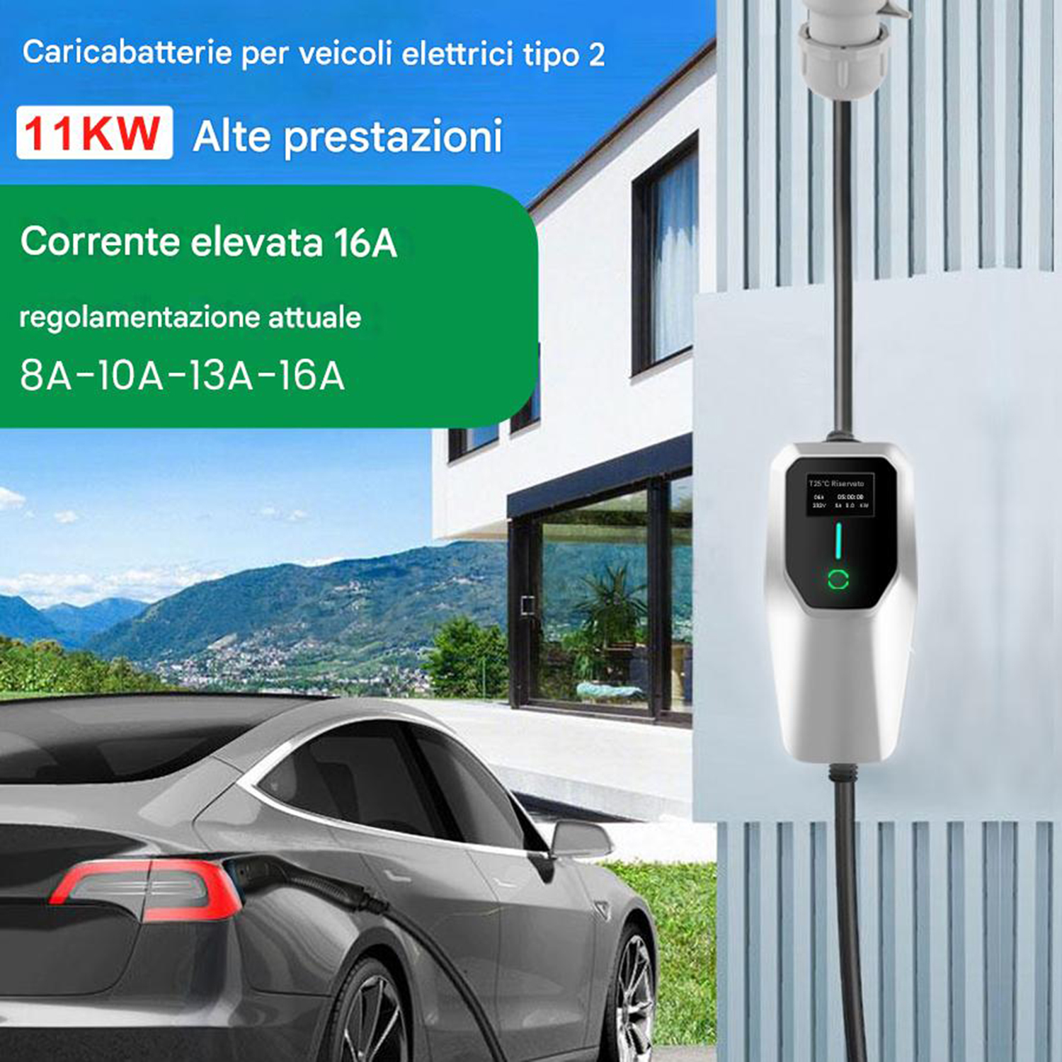 Un'auto elettrica si sta caricando. Un caricatore è collegato. Il testo recita '11KW Alte prestazioni', 'Corrente elevata 16A'. Casa e montagne sullo sfondo.