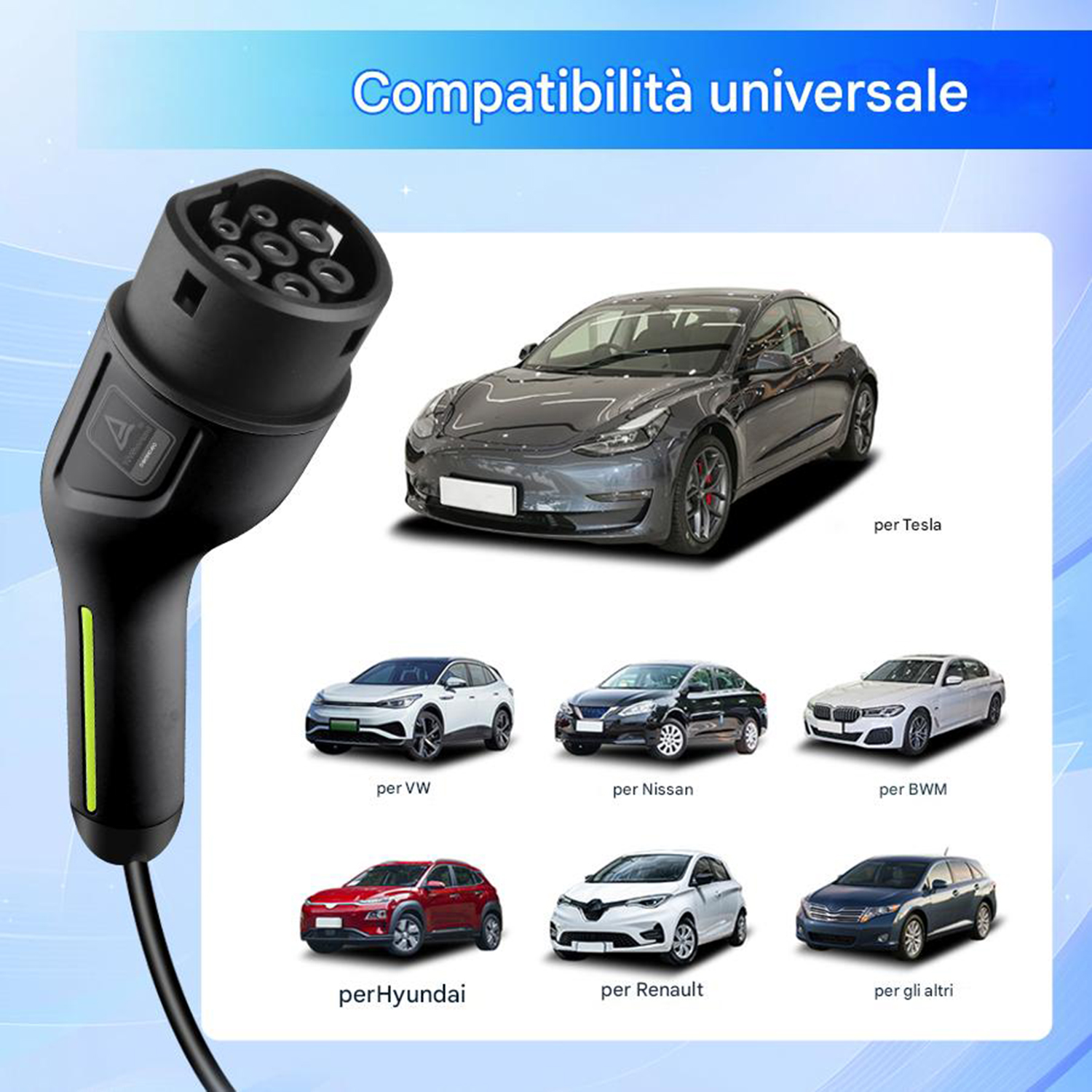 L'immagine mostra un caricatore per veicoli elettrici e diversi modelli di auto. Il testo dice 'compatibilità universale'. Le auto includono Tesla, VW, Nissan, BWM, Hyundai, Renault.