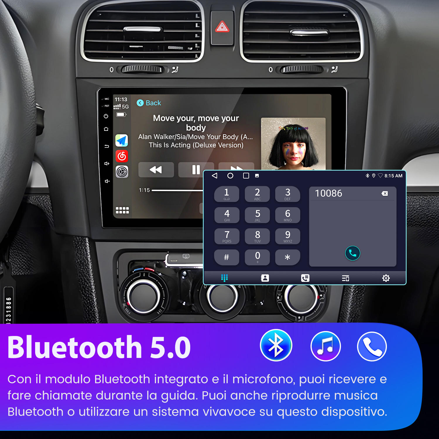 Autoradio con Bluetooth 5.0, riproduce musica. Tastierino telefonico e controlli musicali visibili. Cruscotto dell'auto.