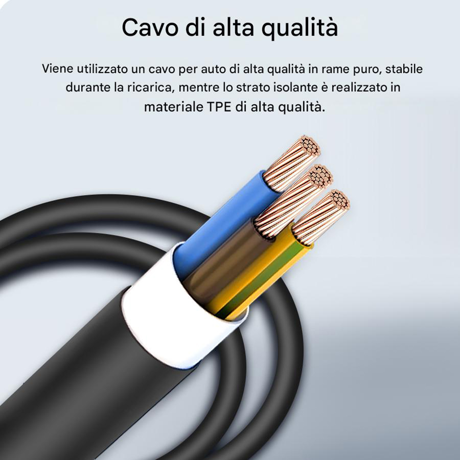 L'immagine mostra un cavo di alta qualità con fili di rame, fili isolati blu, marroni e gialli. Il testo in alto dice 'Cavo di alta qualità'.