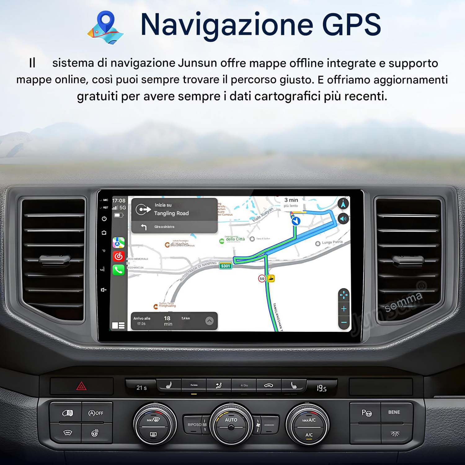 Cruscotto dell'auto con schermo di navigazione GPS che mostra una mappa. Sono visibili vari pulsanti e comandi.
