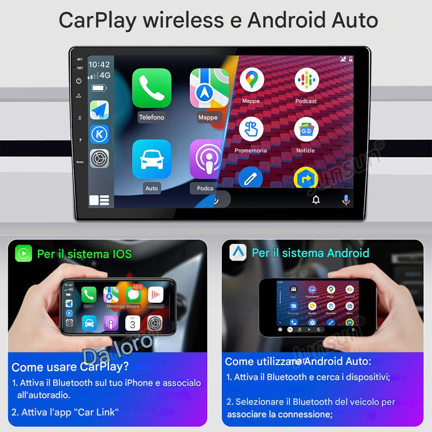 Schermo autoradio con icone di app, guide di configurazione iOS e Android e istruzioni CarPlay e Android Auto.