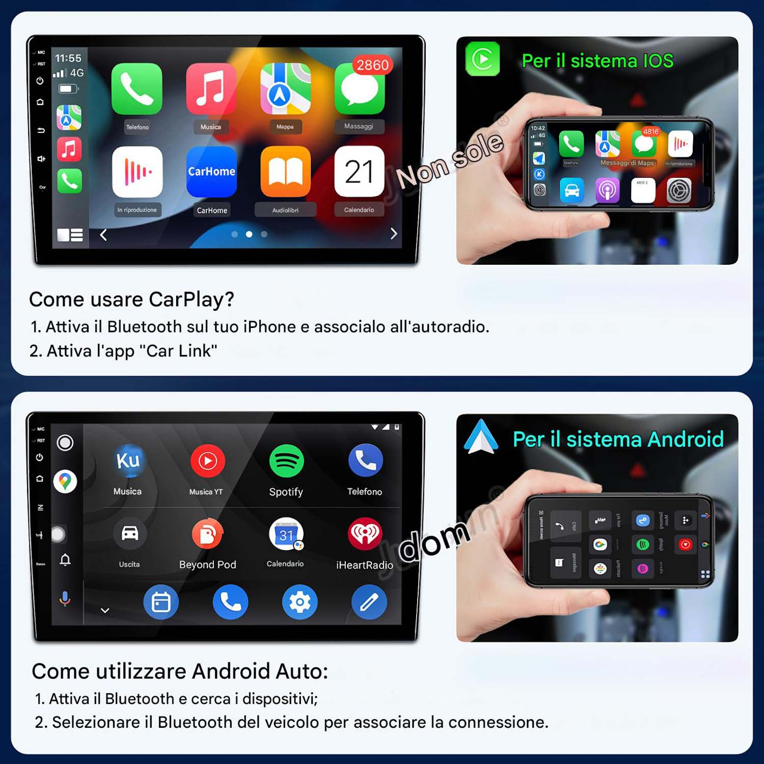 L'immagine mostra schermi di infotainment per auto e un telefono. Le istruzioni per CarPlay e Android Auto sono visibili sotto.