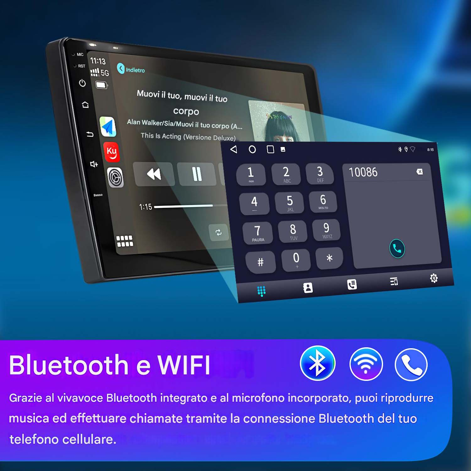 Lo schermo di un'autoradio mostra una tastiera telefonica e controlli musicali. Sotto ci sono le icone Bluetooth e WiFi.