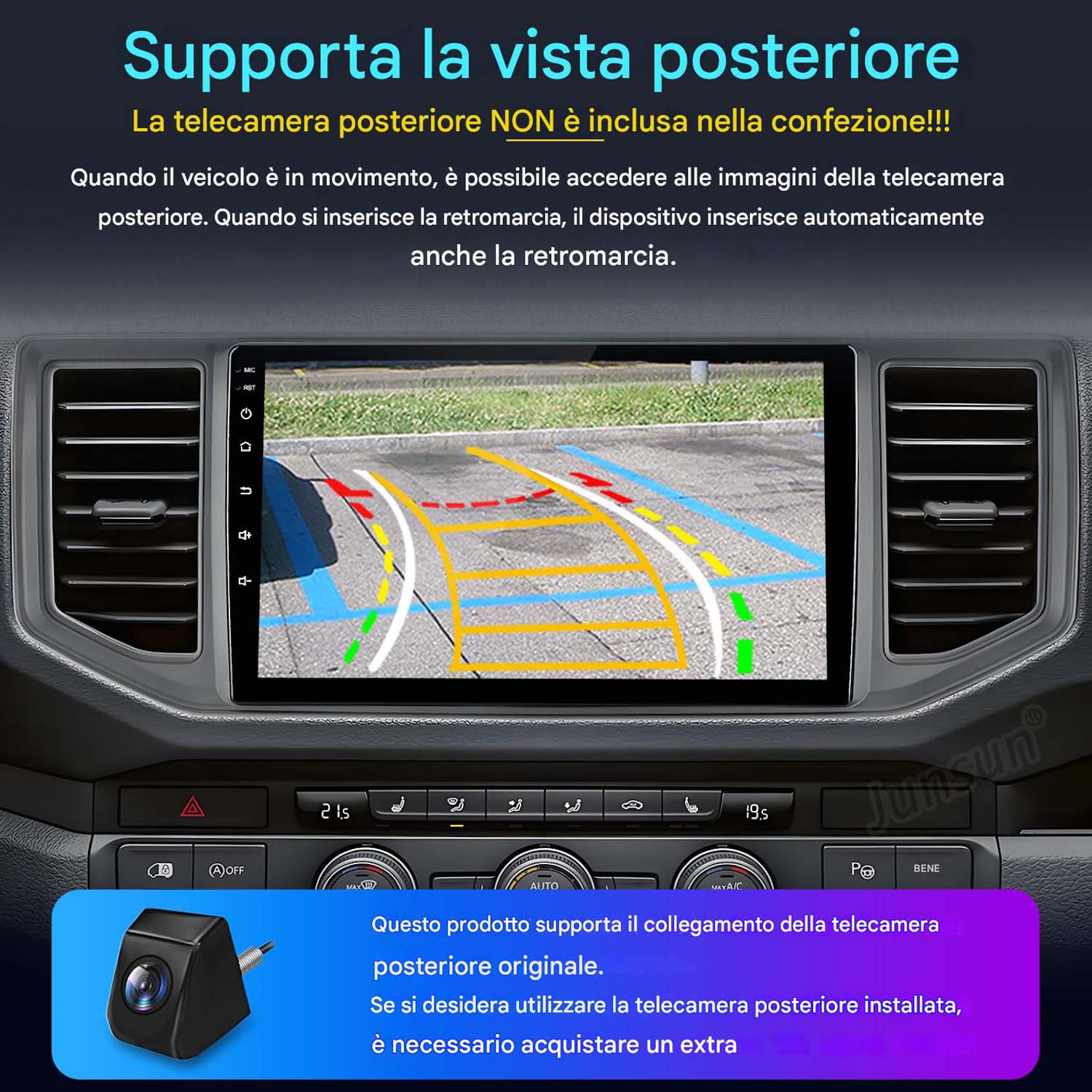Cruscotto auto con schermo con linee di assistenza al parcheggio. Viene mostrata una telecamera. Testo italiano descrive la funzione della telecamera posteriore.