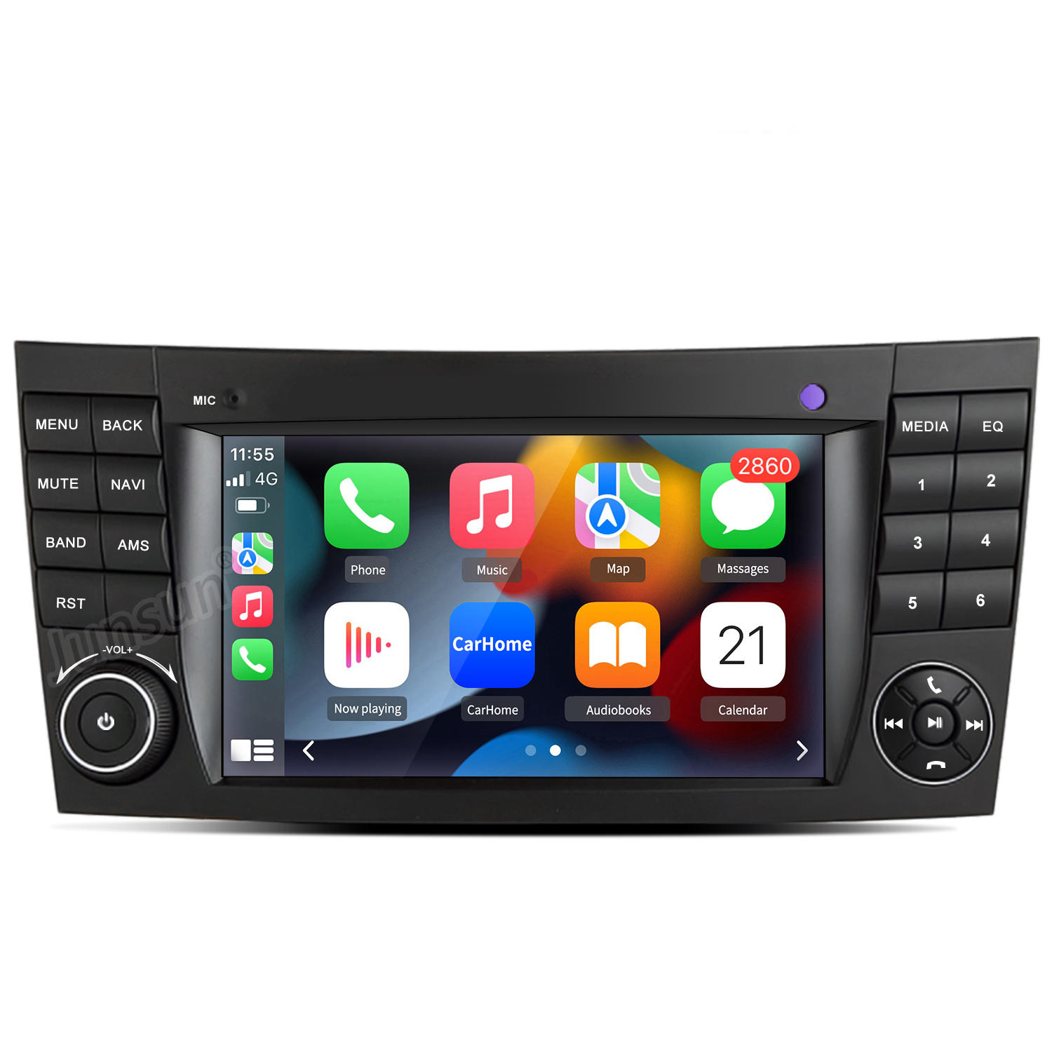 Sistema multimedia para coche que muestra aplicaciones como teléfono, música, mapas y calendario. Tiene botones para medios, EQ, navegación y volumen.