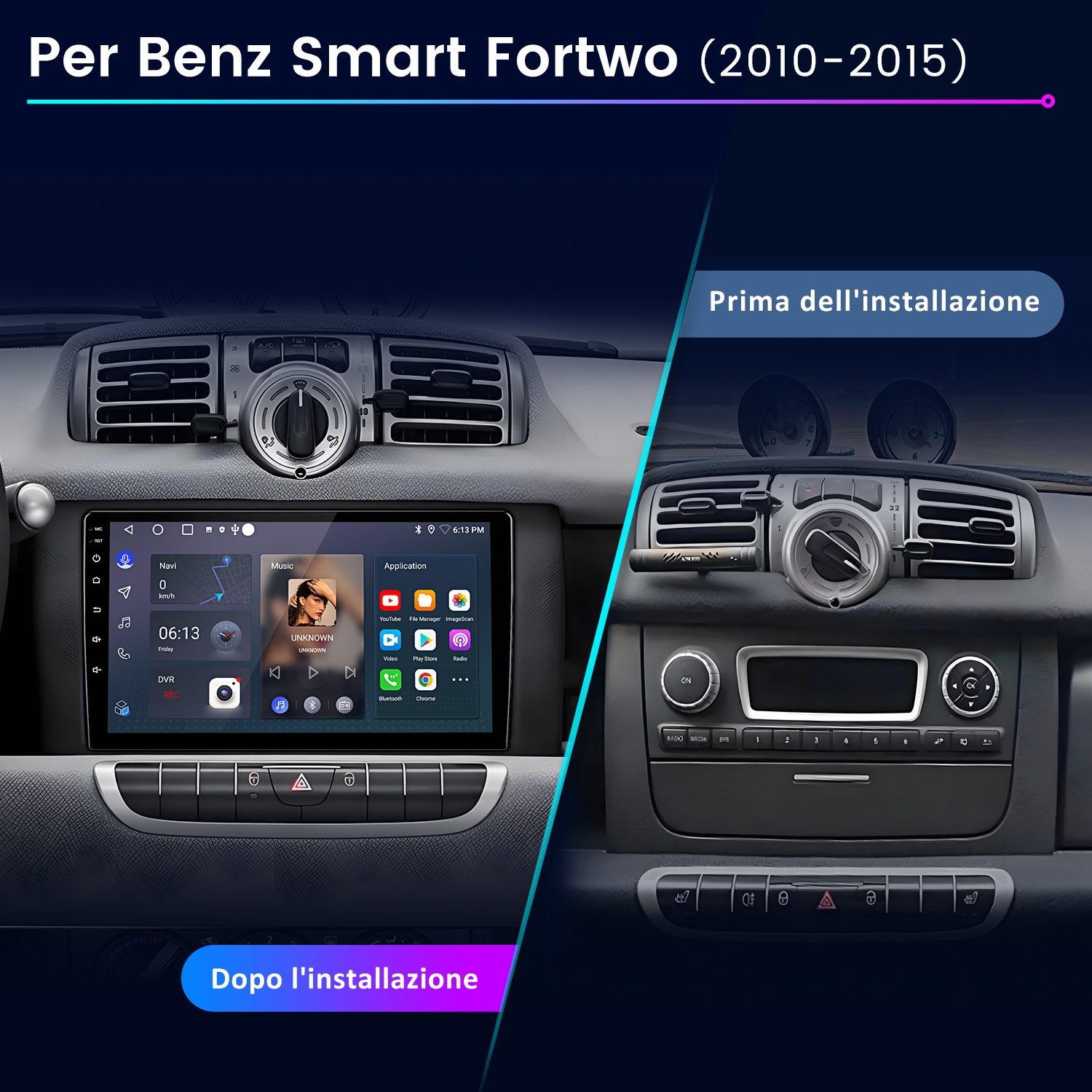L'immagine mostra il cruscotto dell'auto prima e dopo l'installazione di un nuovo sistema multimediale. Il nuovo sistema sostituisce la vecchia radio.