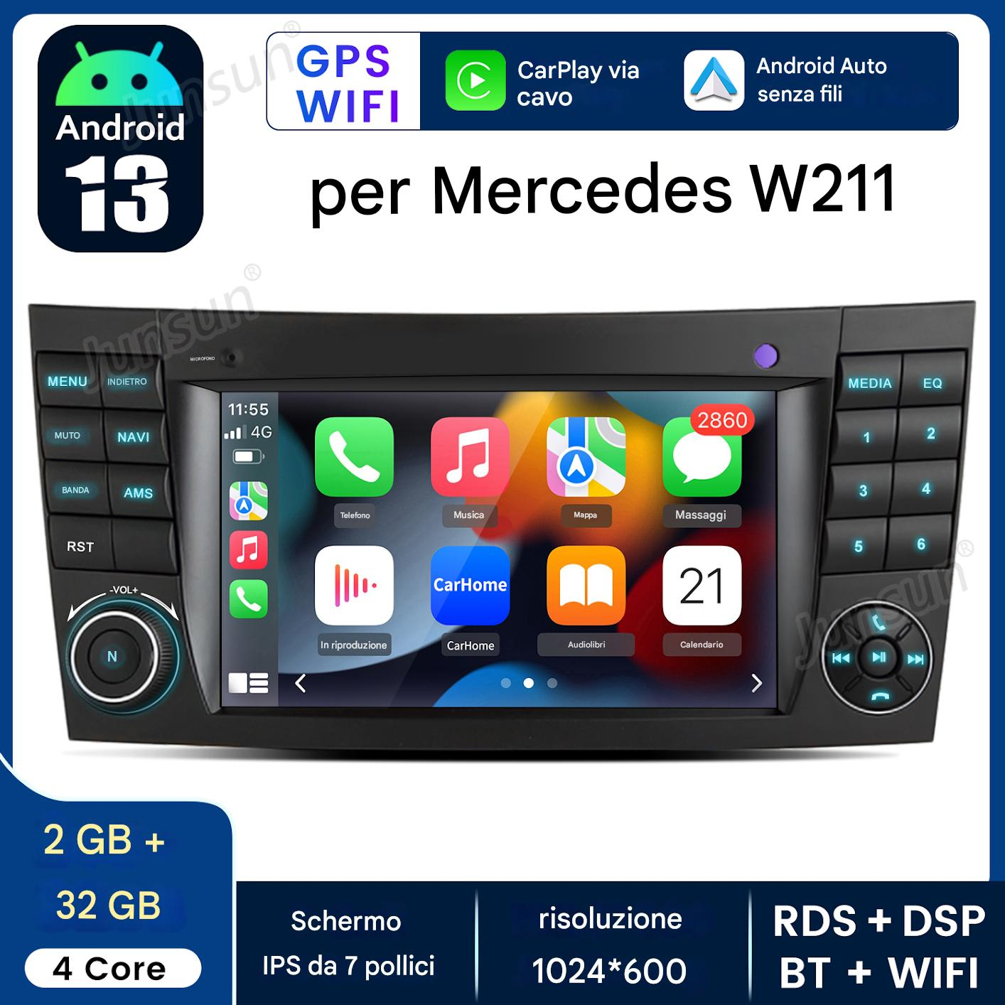 Autoradio con Android 13, GPS, WiFi e CarPlay. Funzionalità: controlli multimediali, icone app e interfaccia telefonica.