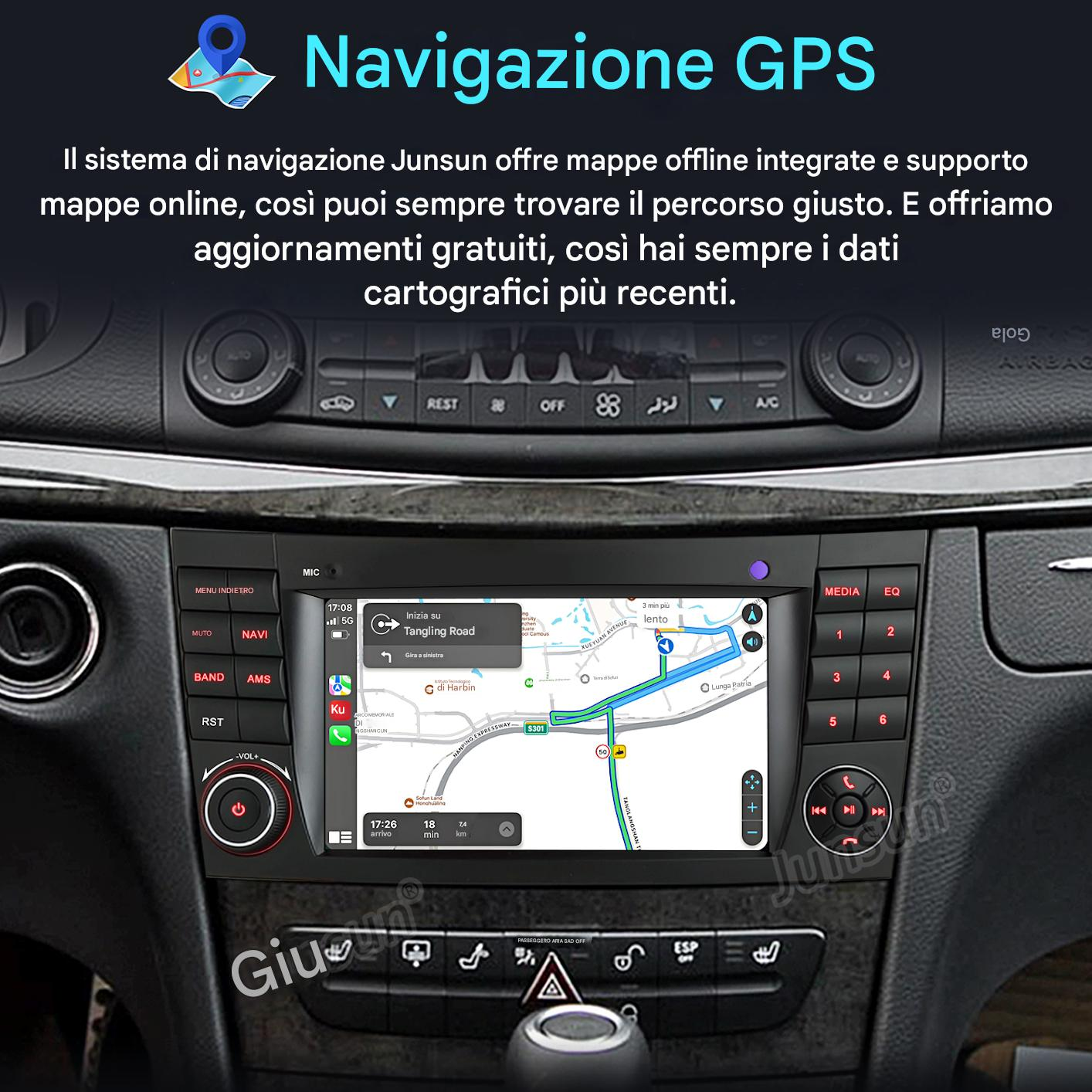 Cruscotto auto con mappa GPS e pulsanti di controllo. Lo schermo mostra dati di navigazione e una mappa stradale.