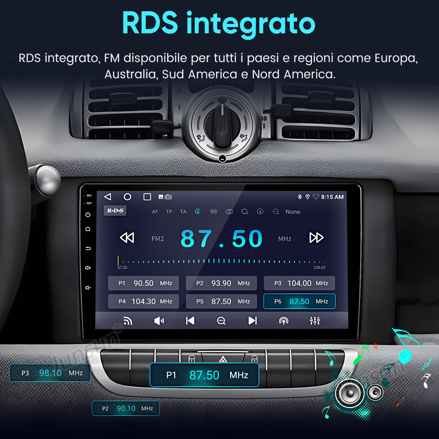 Schermo autoradio che mostra la frequenza FM 87.50 MHz. Sono visibili pulsanti e interni auto, con logo RDS in alto.