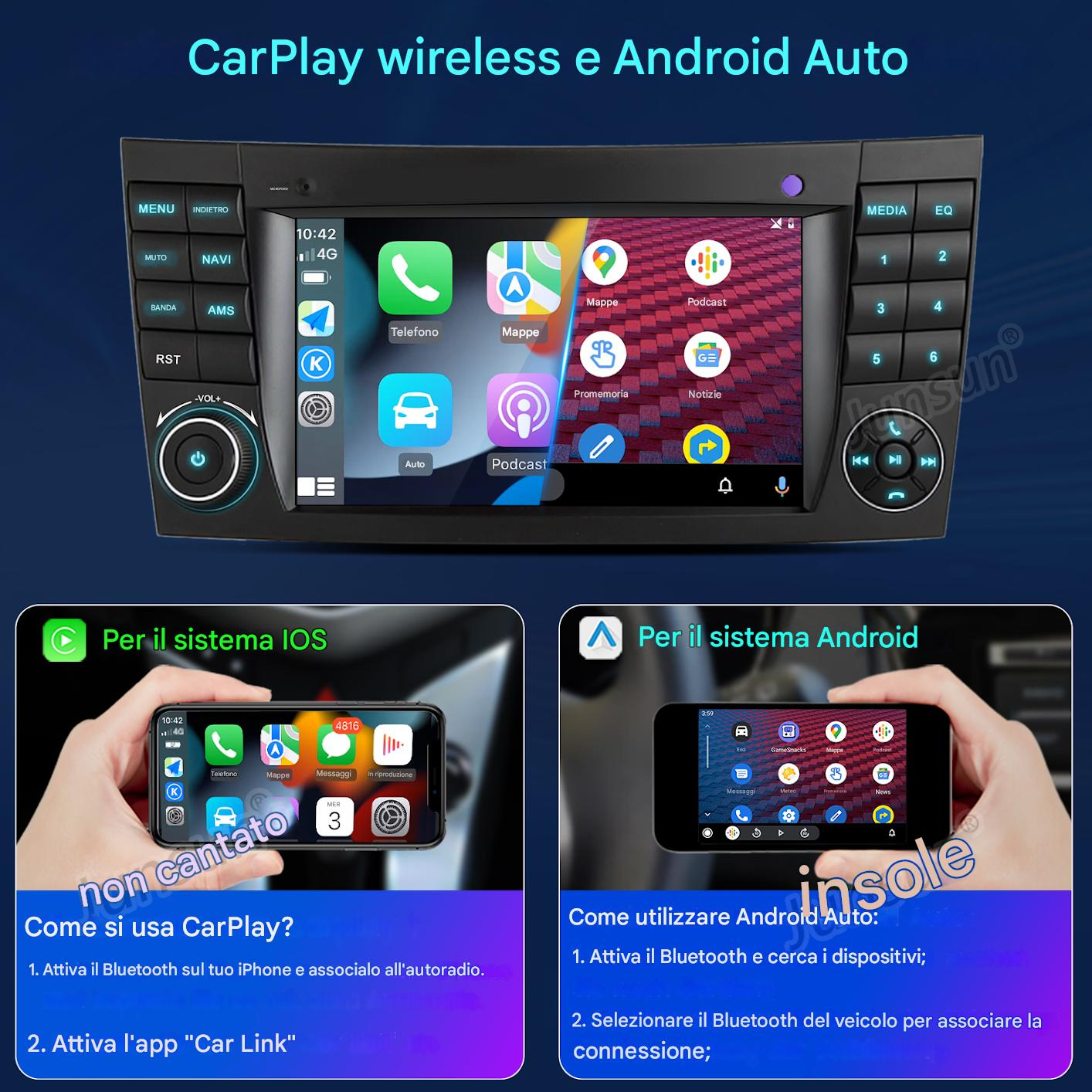 Schermo autoradio con icone delle app. Sotto, istruzioni per i sistemi IOS e Android per CarPlay e Android Auto.