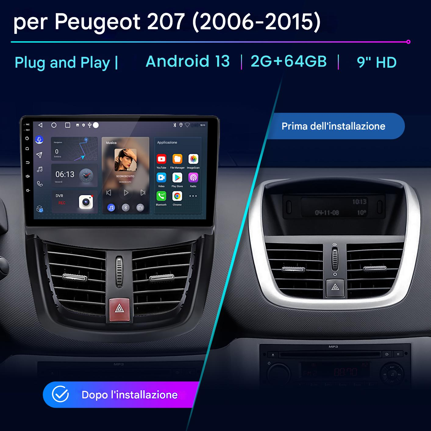 Cruscotto auto con nuovo sistema di infotainment installato. Lo schermo mostra app. Sotto, pulsanti e radio.