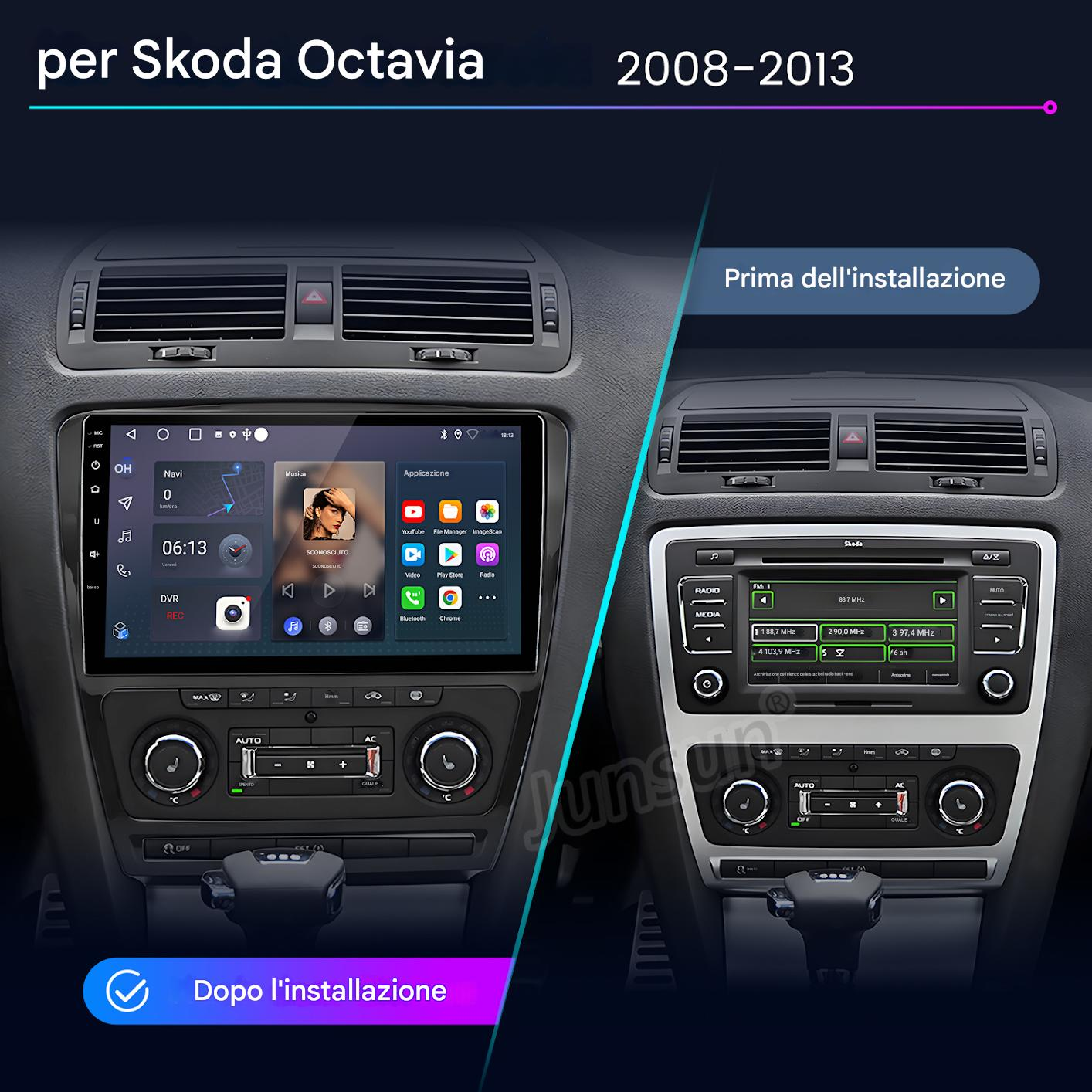 L'immagine mostra il cruscotto di un'auto prima e dopo l'installazione di un nuovo sistema multimediale, per un modello Skoda Octavia 2008-2013.